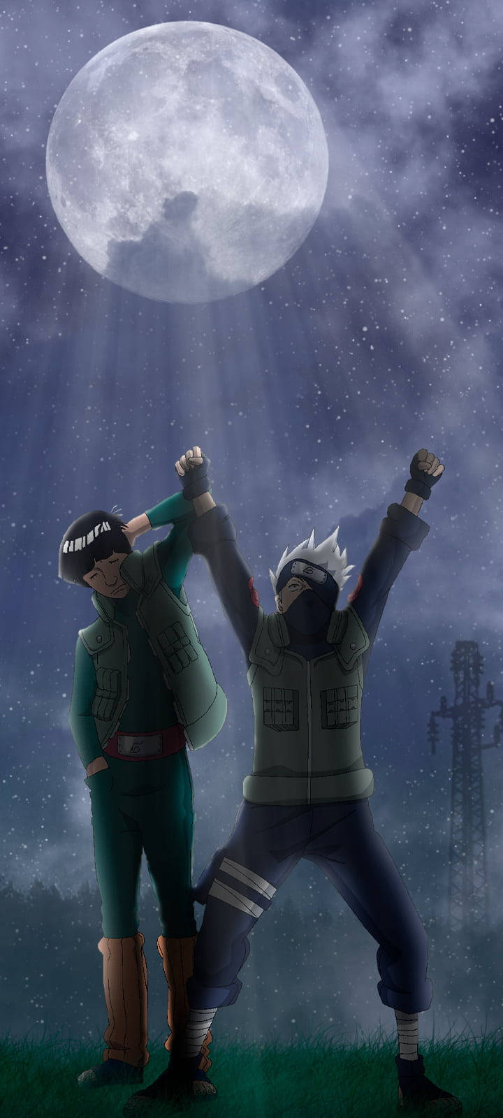 Naruto Kakashi 桌布 壁紙 — 兩個動漫忍者站在巨大的月亮下，在繁星點點的夜空中舉起雙臂。