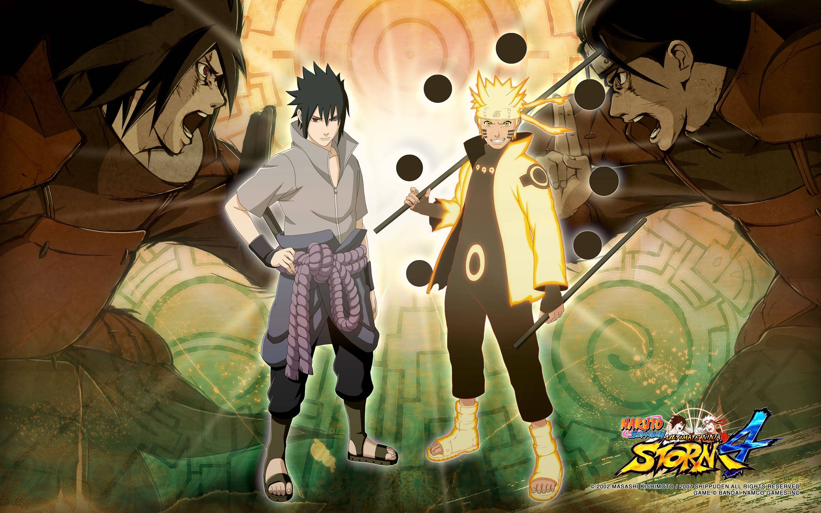 Naruto Final Form 桌布 壁紙 — 兩個動漫忍者站在發光環的背光下，陰影人物在風格化的戰鬥場景中威脅性地逼近。