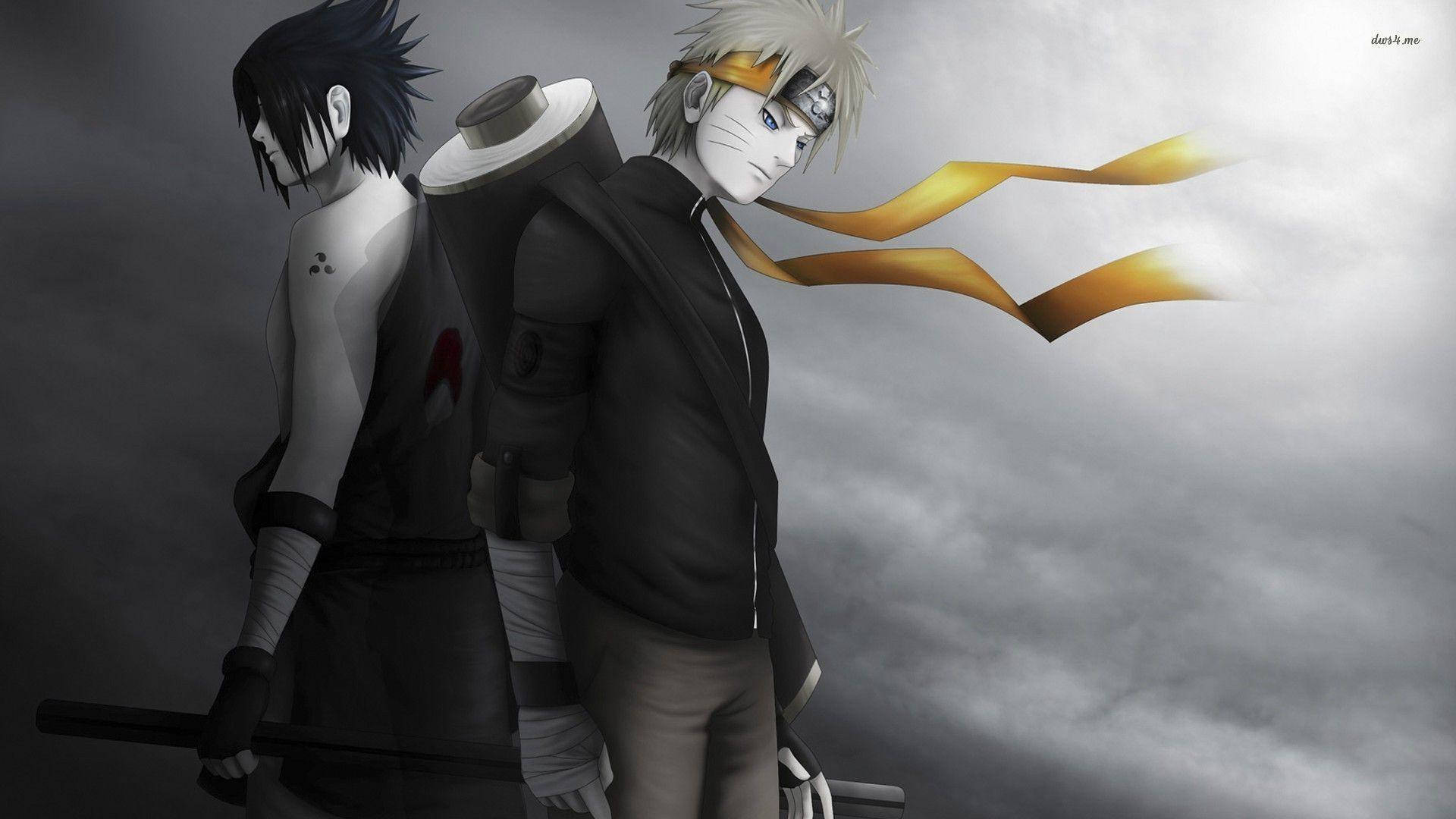sasuke uchiha 4K 桌布 壁紙 — 兩個動漫忍者背對背站在暴風雨的灰色天空下，一個有黑色尖刺頭髮和紅色標誌，另一個有金色頭髮和飄逸的黃色頭帶。