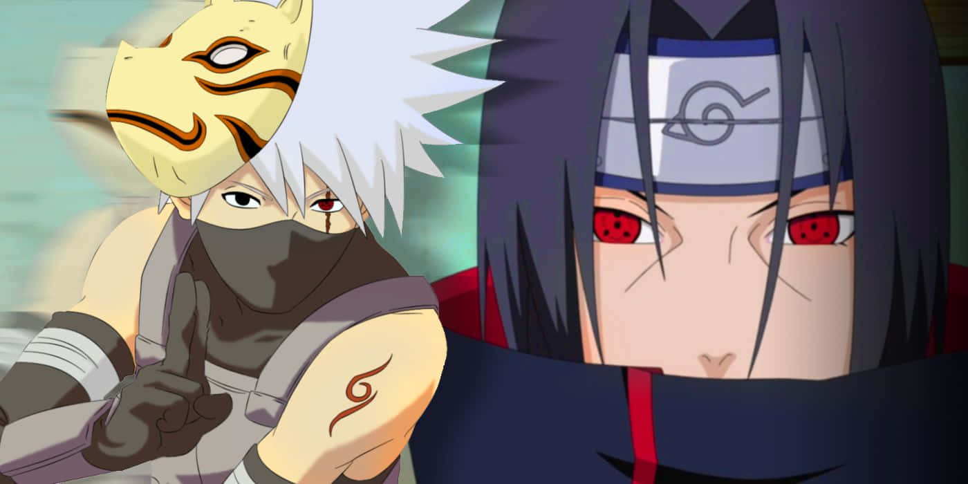Kakashi And Itachi 桌布 壁紙 — 兩個動漫忍者角色，一個白髮戴狐面具，另一個黑髮紅眼，互相凝視。