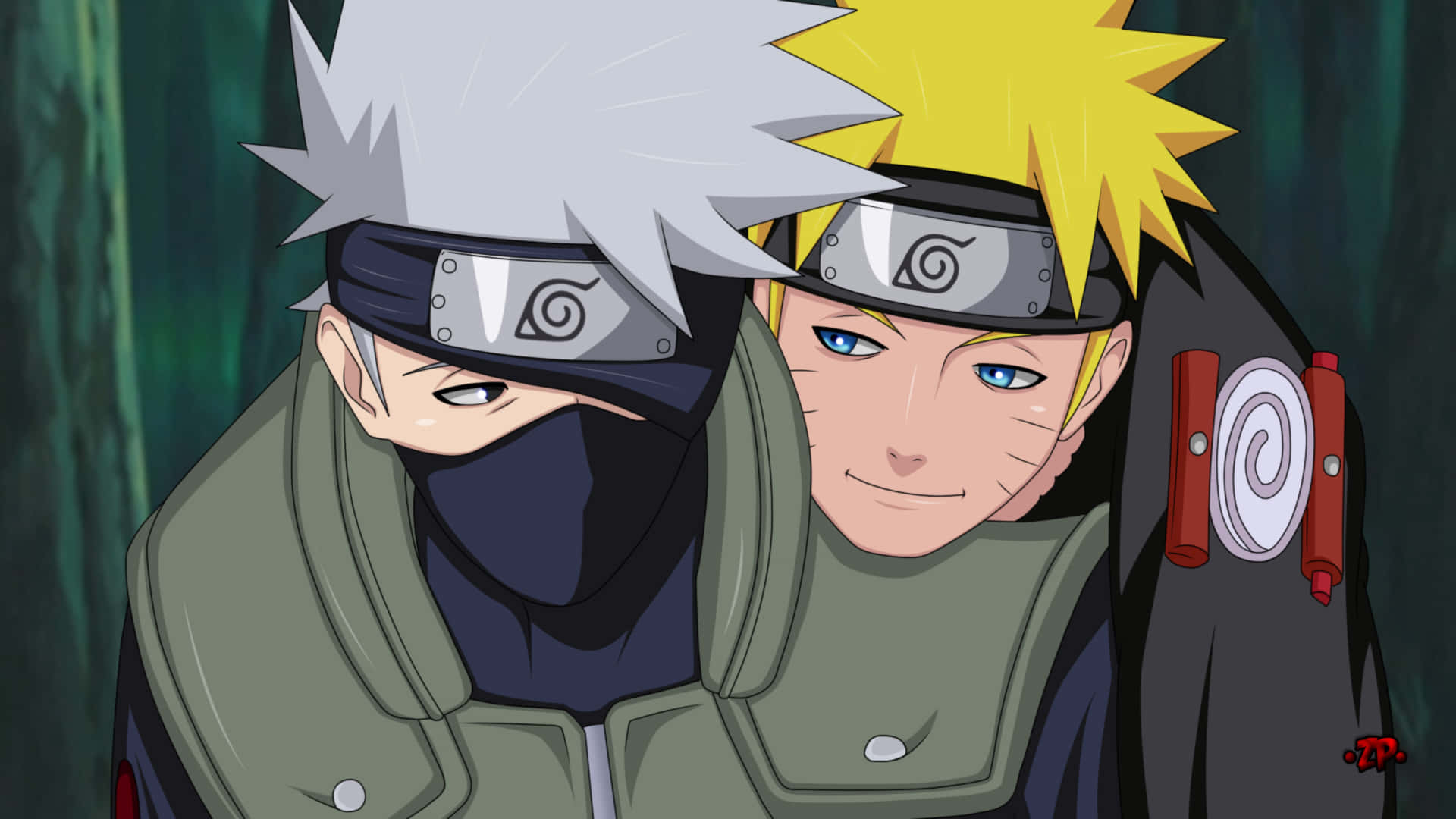 Kakashi And Naruto 桌布 壁紙 — 兩個動漫忍者角色，頭髮尖尖，戴著頭帶，在黑暗的森林中緊密站在一起。
