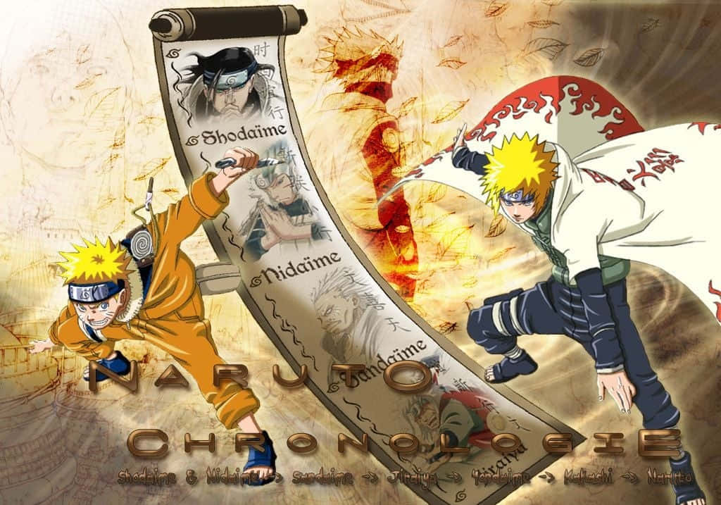 Fourth Hokage 桌布 壁紙 — 兩個動漫忍者角色以動態姿勢呈現，帶有展示歷代火影肖像的卷軸，背景為火焰紋理。