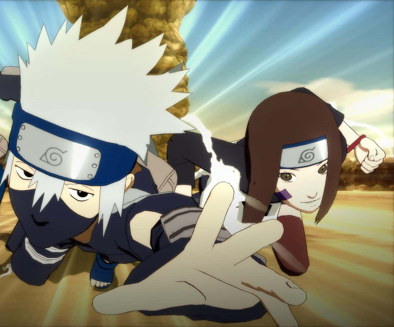 Kakashi And Rin 桌布 壁紙 — 兩個動漫忍者角色在明亮的沙漠背景下以動態戰鬥姿勢呈現，帶有發光能量效果。
