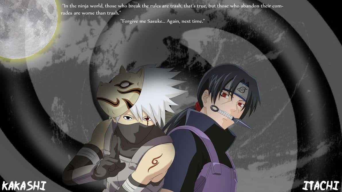 Kakashi And Itachi 桌布 壁紙 — 兩個動漫忍者角色在滿月下背對背站立，背景是旋轉的黑暗漩渦。