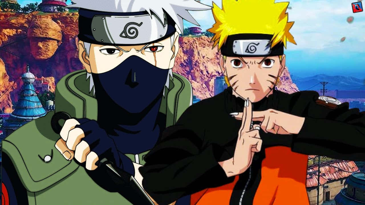 Kakashi And Naruto 桌布 壁紙 — 兩個動漫忍者角色站在岩石村莊背景前，一個戴面具持劍，另一個穿橙色衣服結手印。