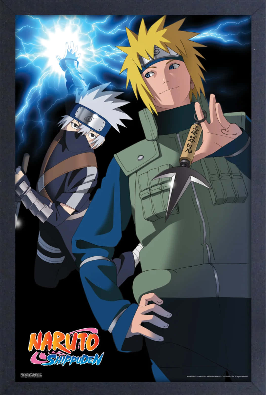 Kakashi And Minato 桌布 壁紙 — 兩個動漫忍者角色站在黑暗的天空下，藍色閃電在他們身後噼啪作響。