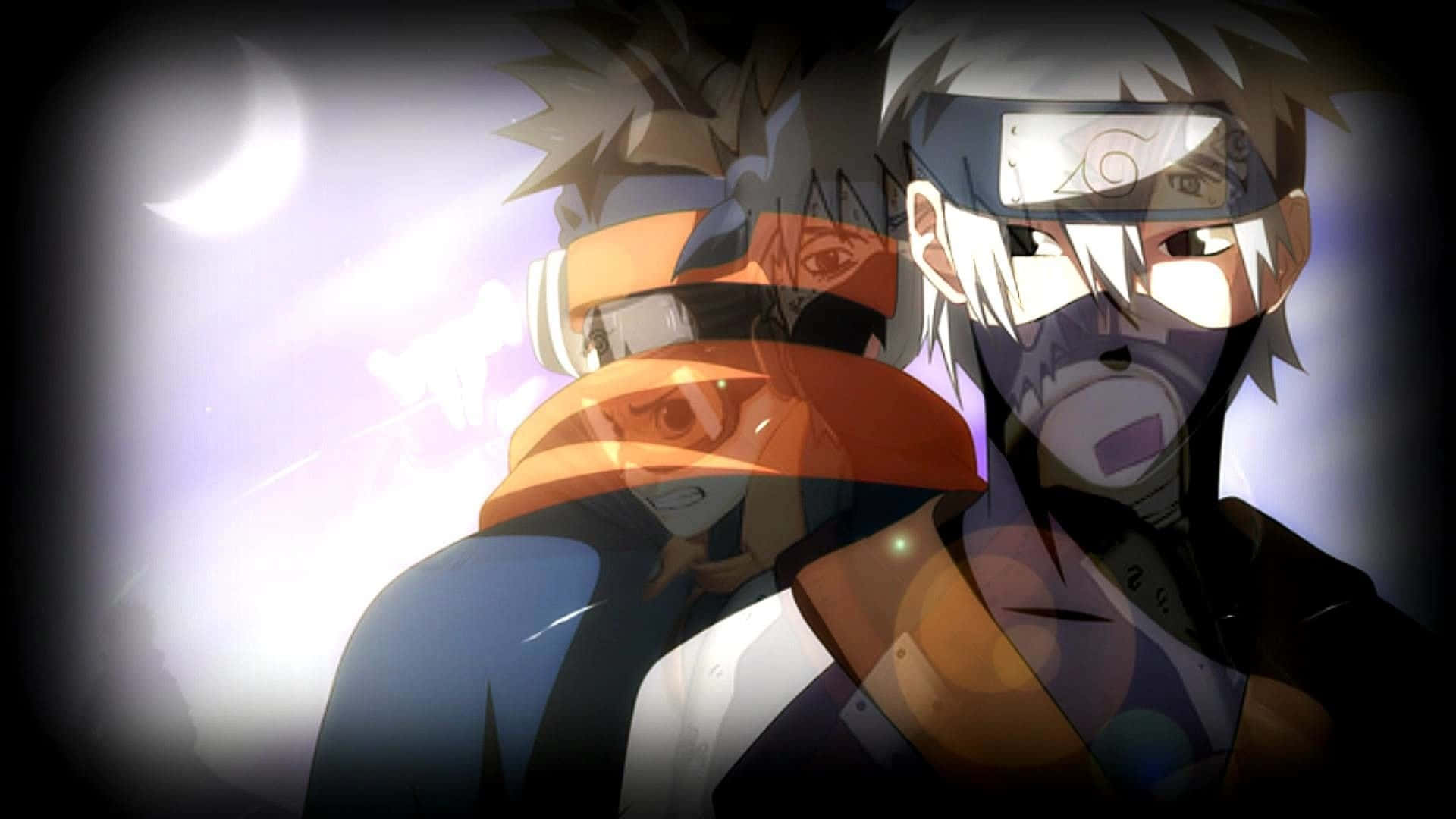 Kakashi And Tobi 桌布 壁紙 — 兩個動漫忍者角色背對著發光的彎月，帶有戲劇性的鏡頭光暈效果。