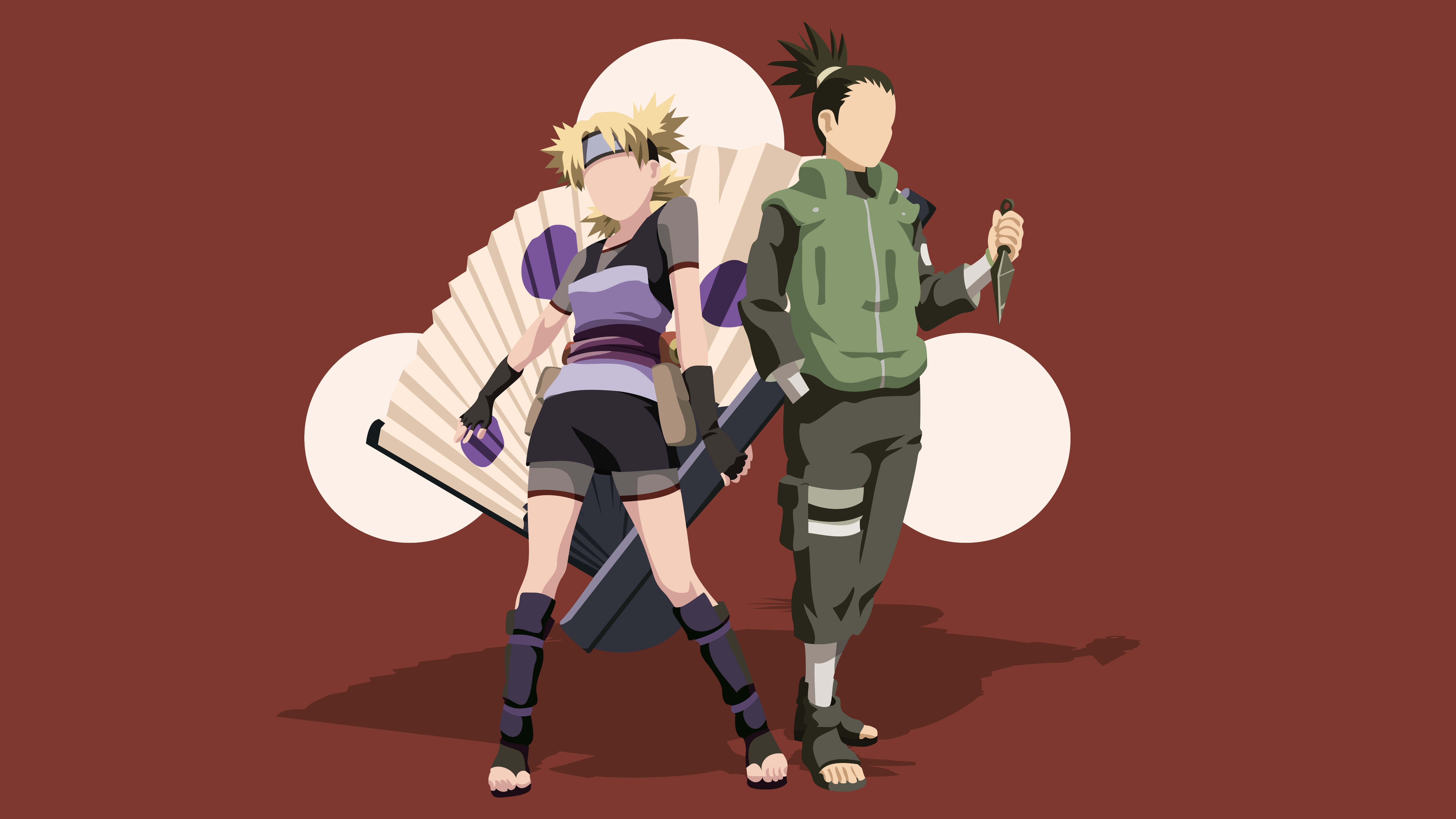 Shikamaru Nara 桌布 壁紙 — 兩個動漫忍者角色自信地站在一個大膽的紅色背景前，背後有白色圓形圖案。