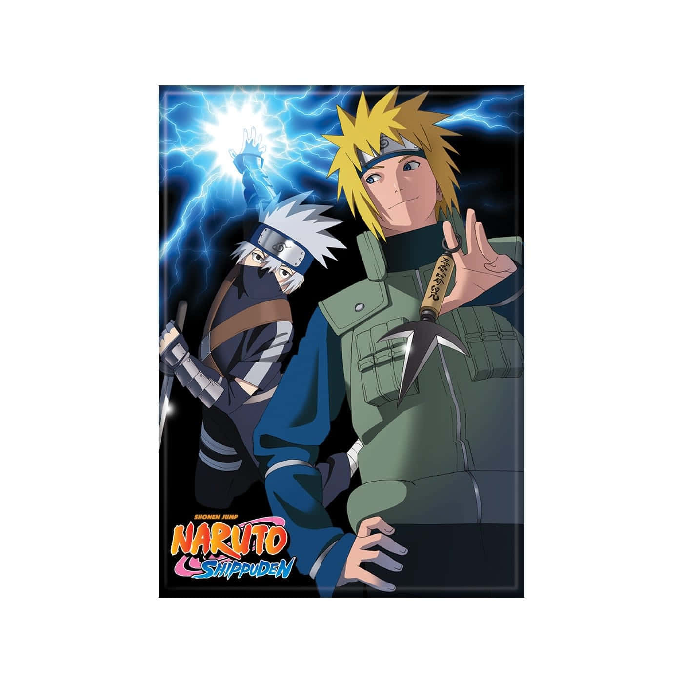 Kakashi And Minato 桌布 壁紙 — 兩個動漫忍者角色英勇地站在黑暗的天空下，身後有藍色閃電劈啪作響。