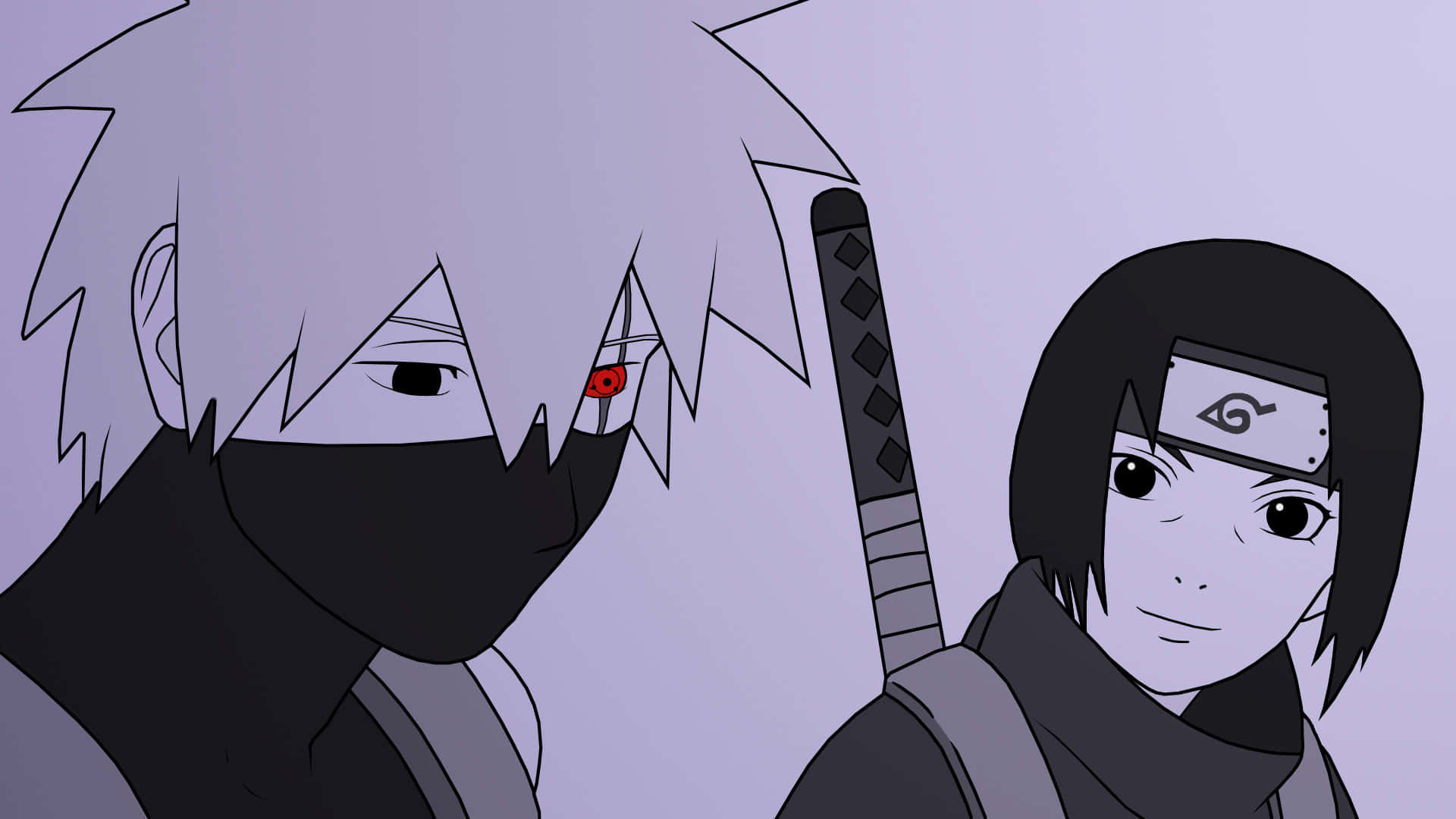 Kakashi And Itachi 桌布 壁紙 — 兩個動漫忍者角色面對面，一個戴面具紅眼，另一個戴頭巾持劍。