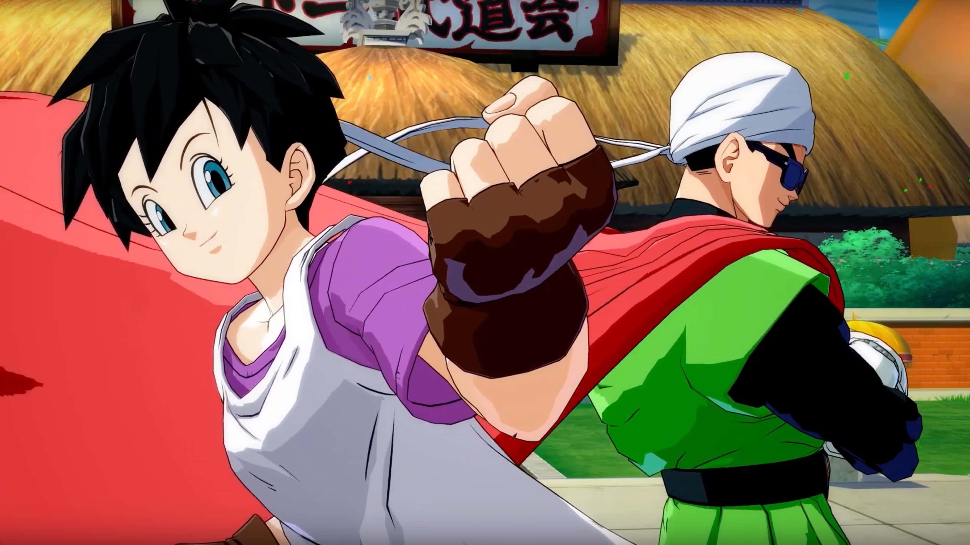 Videl 桌布 壁紙 — 兩個動漫戰士以動態戰鬥姿勢，其中一個向前出拳，背景是傳統日本道場。