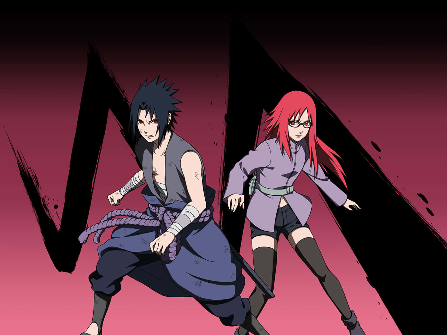 Karin Uzumaki 桌布 壁紙 — 兩個動漫戰士以動態戰鬥姿態，襯托大膽的紅黑背景。