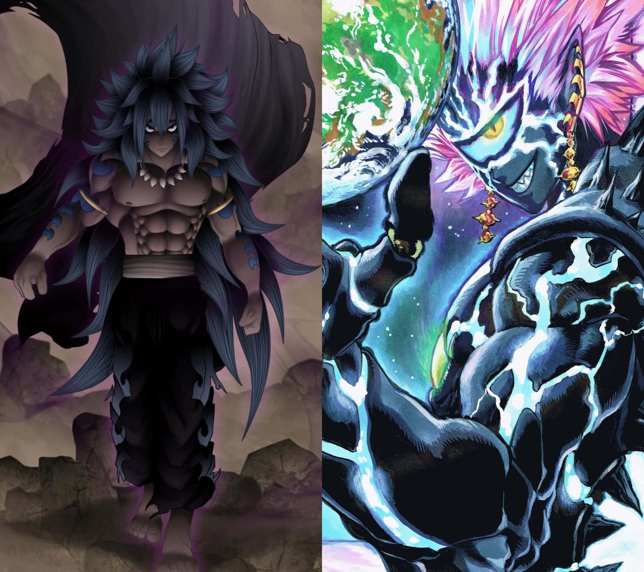 Acnologia 桌布 壁紙 — 兩個動漫戰士以戲劇性的姿勢站立，一個有深色頭髮和斗篷，另一個有發光的眼睛和閃電能量。