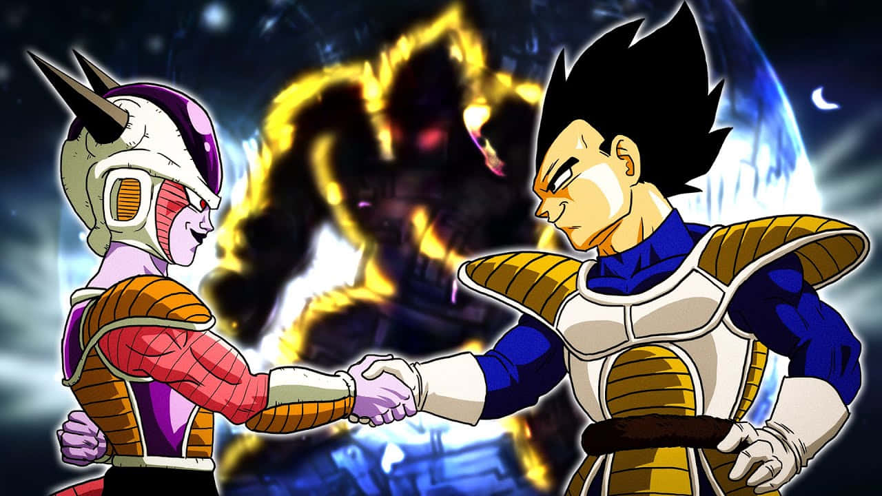 Vegeta And Frieza 桌布 壁紙 — 兩個動漫戰士在一個宇宙競技場中握手，身後有一個發光的怪物。