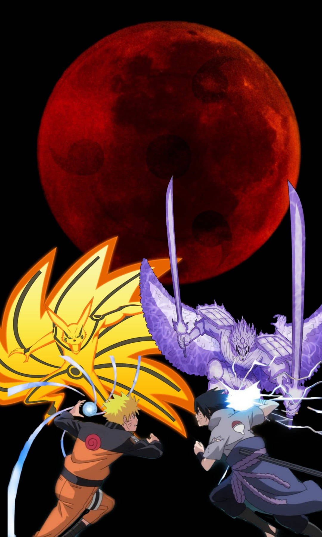 Sasuke Susanoo 桌布 壁紙 — 兩個動漫戰士在巨大的紅月下交鋒，一個散發著黃色的狐狸查克拉光芒，另一個則帶著紫色的閃電劍。
