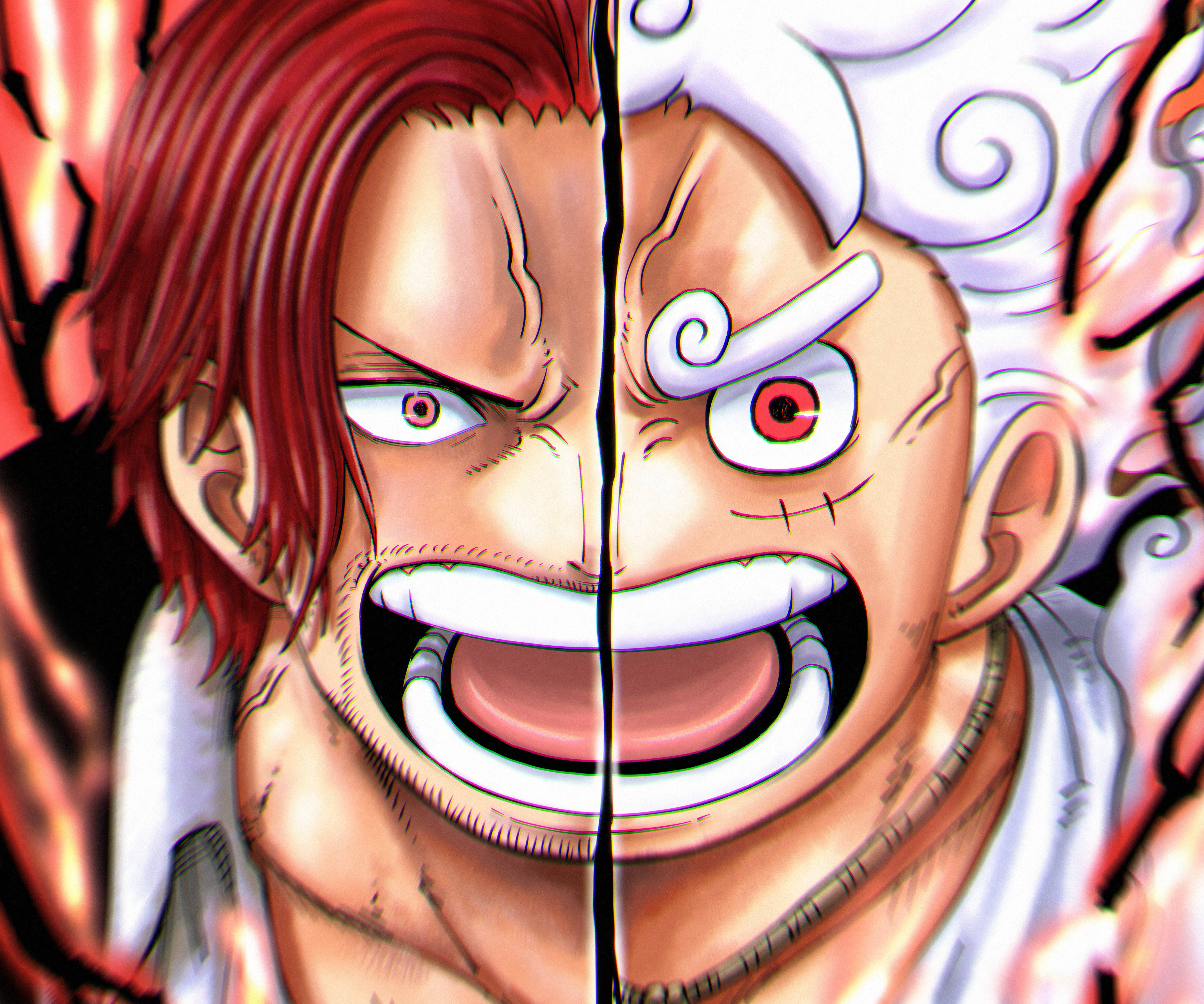 Shanks One Piece 桌布 壁紙 — 兩個動漫戰士在憤怒中咆哮，中間分開，頭髮對比鮮明的紅色和白色，表情強烈。