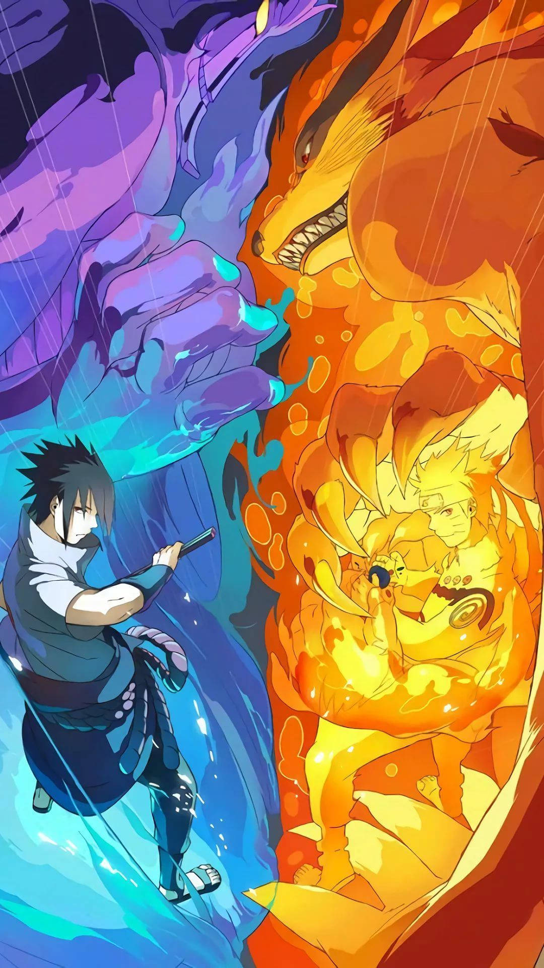 Naruto And Sasuke 桌布 壁紙 — 兩個動漫戰士在暴雨中交鋒，一個被藍色查克拉包裹，另一個被火橙色查克拉包裹。