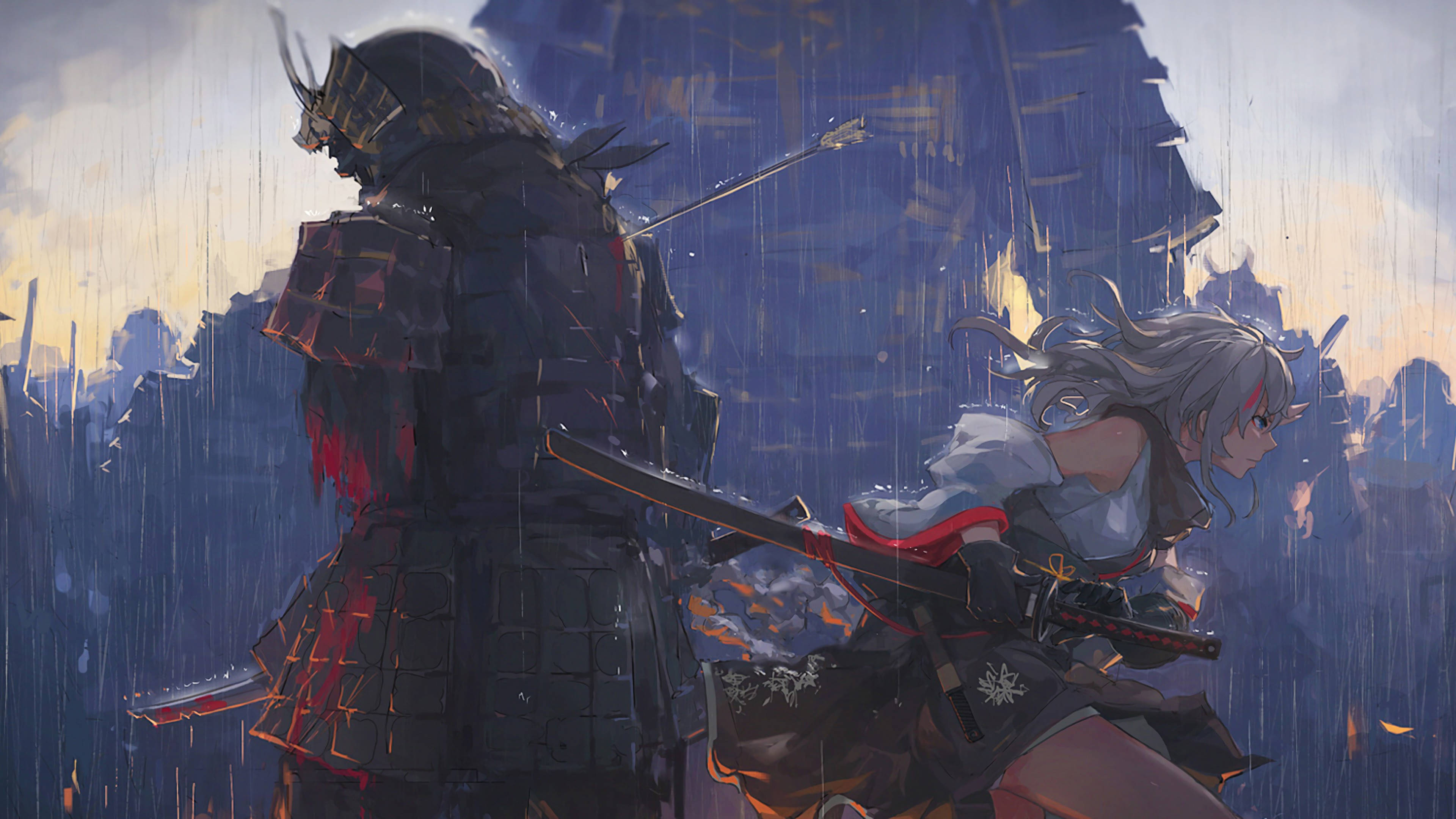 Anime Samurai 桌布 壁紙 — 兩個動漫戰士在暴雨中碰撞，背景是暴風雨的天空和參差不齊的廢墟。