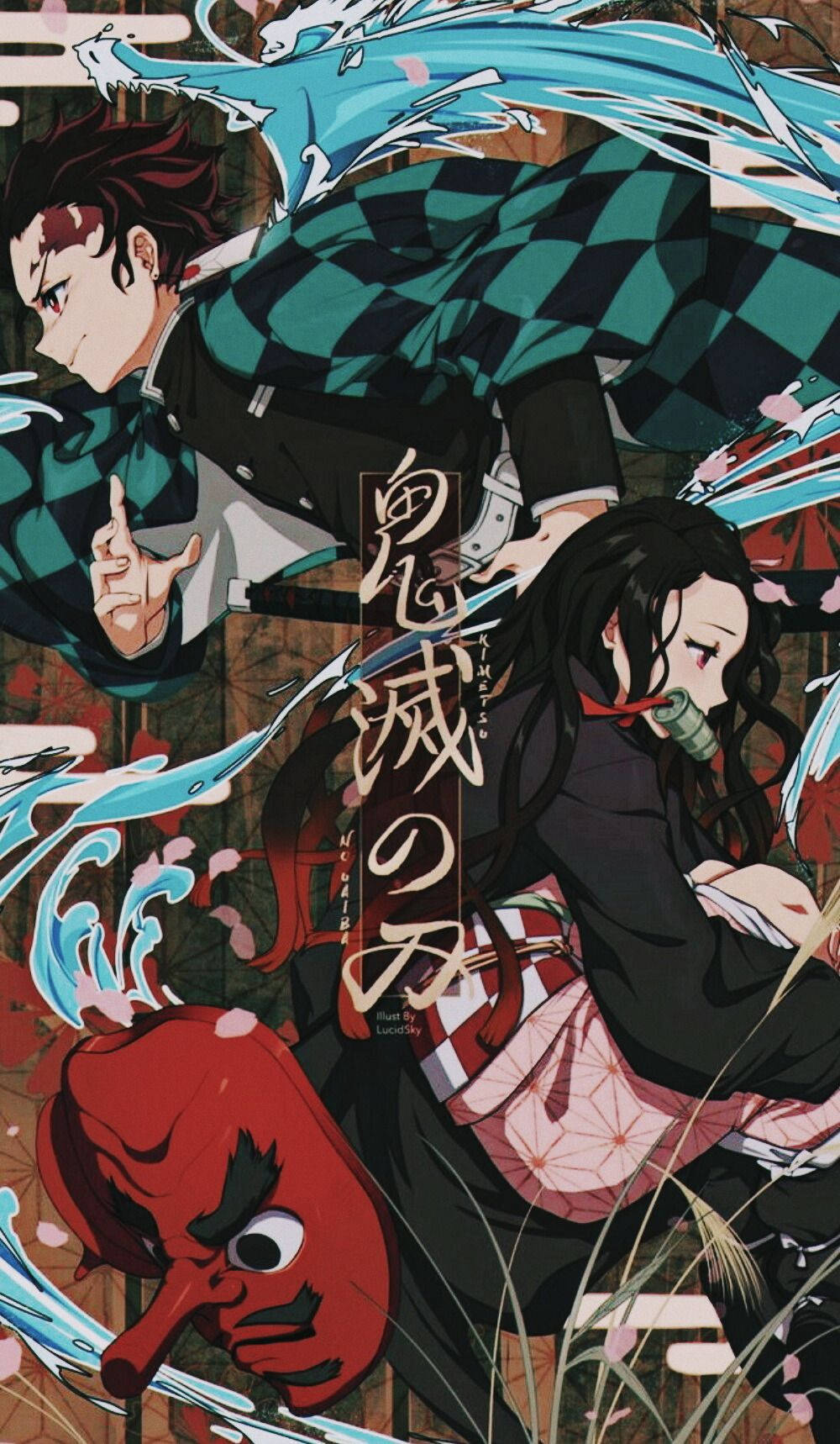 Kimetsu 桌布 壁紙 — 兩個動漫戰士在櫻花和紅色惡魔面具中，以水基攻擊碰撞。