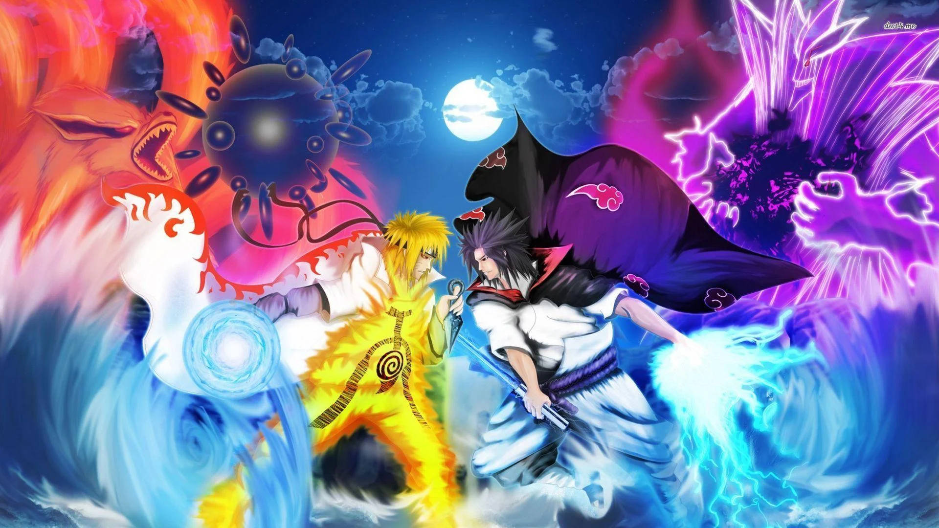 Naruto And Sasuke 桌布 壁紙 — 兩個動漫戰士在滿月下碰撞，周圍環繞著旋轉的元素查克拉和怪獸。