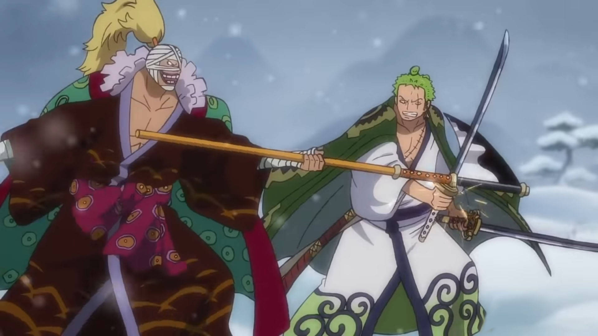 Wano 桌布 壁紙 — 兩個動漫戰士在灰色天空下的雪山景觀中交鋒。