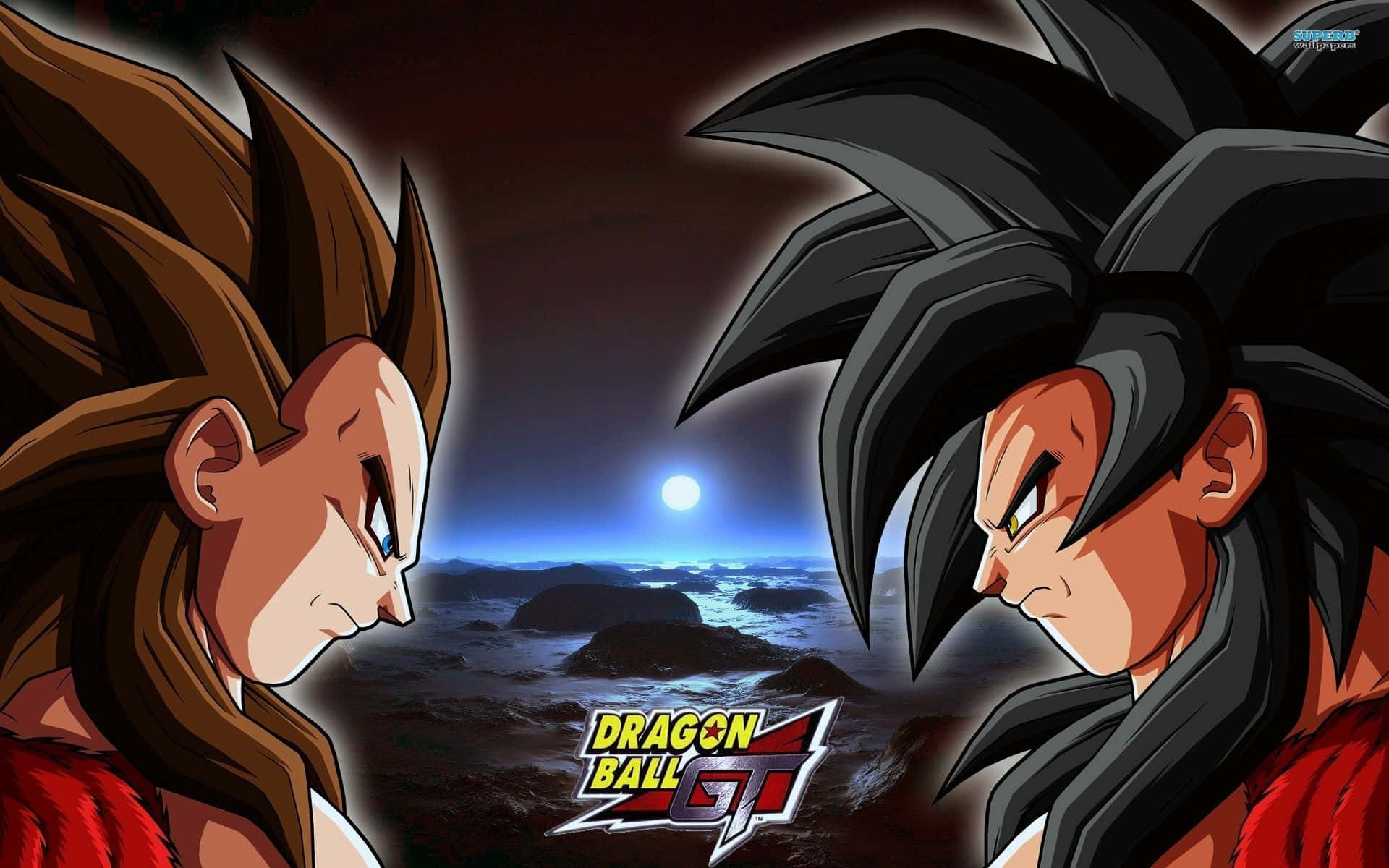 Goku Ssj4 桌布 壁紙 — 兩個動漫戰士在發光的月亮下，在岩石海洋上進行戲劇性的夜間對決。
