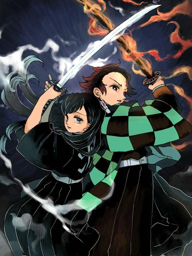 Demon Slayer Phone 桌布 壁紙 — 兩個動漫戰士在黑暗暴風雨的天空下，在旋轉的火焰和煙霧中交鋒。