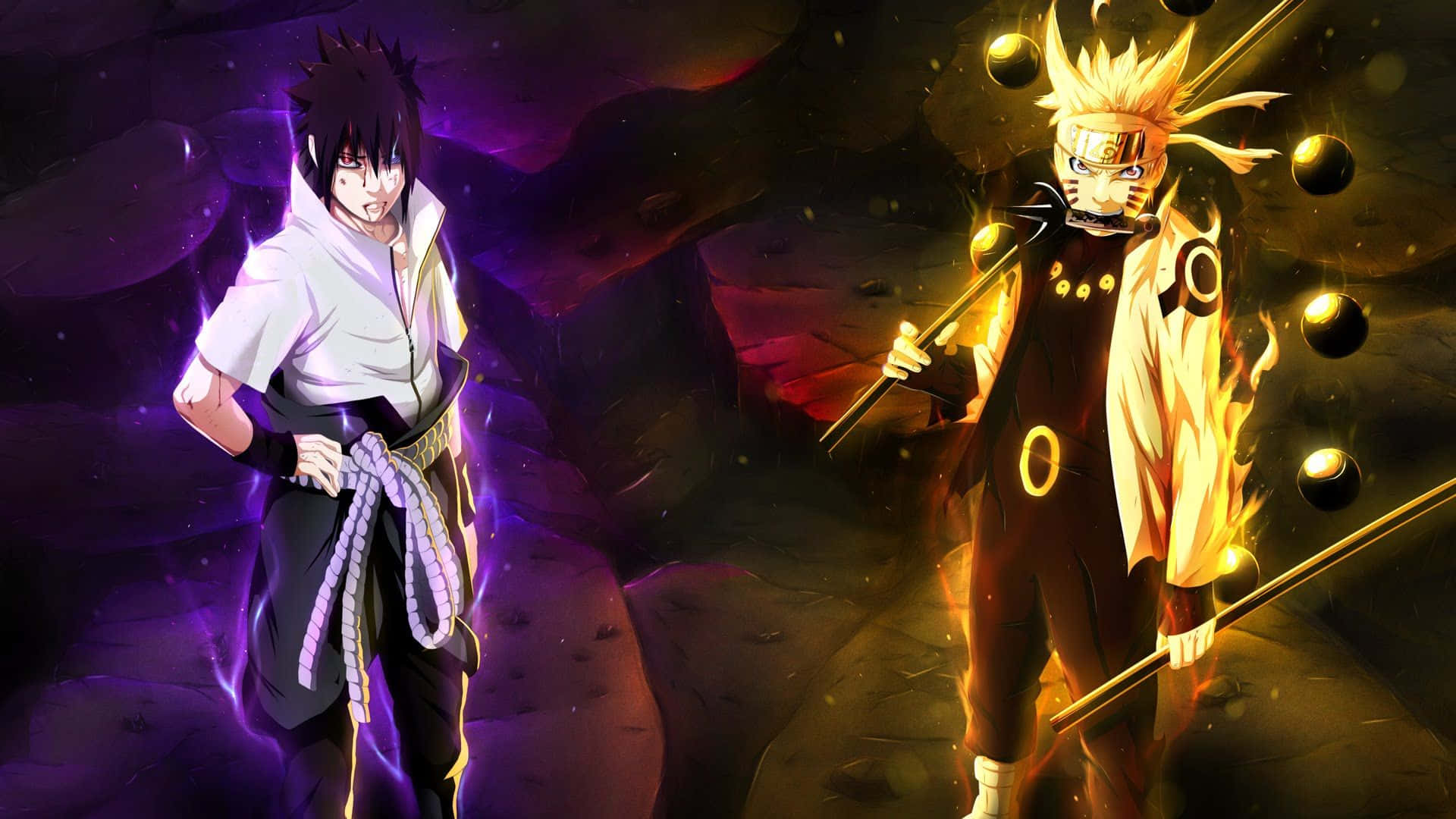 sasuke uchiha 4K 桌布 壁紙 — 兩個動漫戰士在黑暗洞穴中碰撞，一個散發出紫色查克拉，另一個被金色火焰包圍。