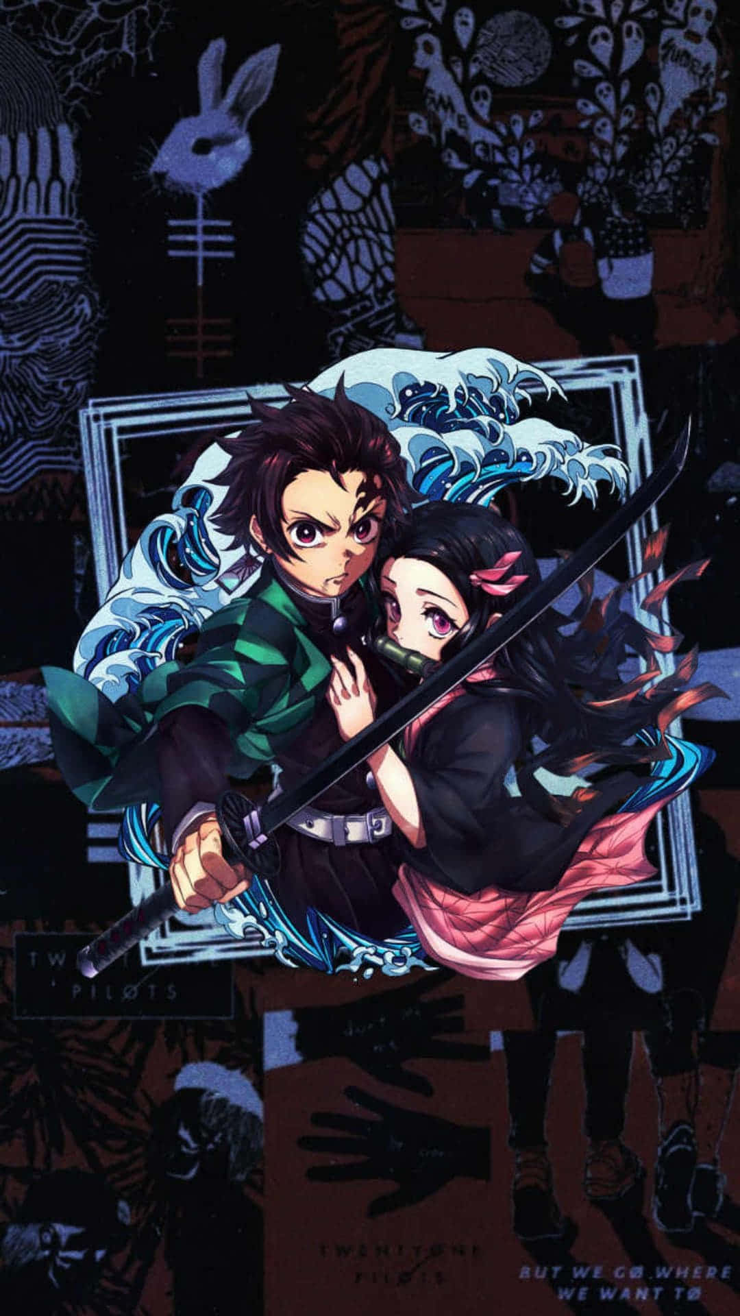 Demon Slayer Group 桌布 壁紙 — 兩個動漫戰士在黑暗神秘符號和發光藍色能量中擺出動態戰鬥姿勢，手持劍。