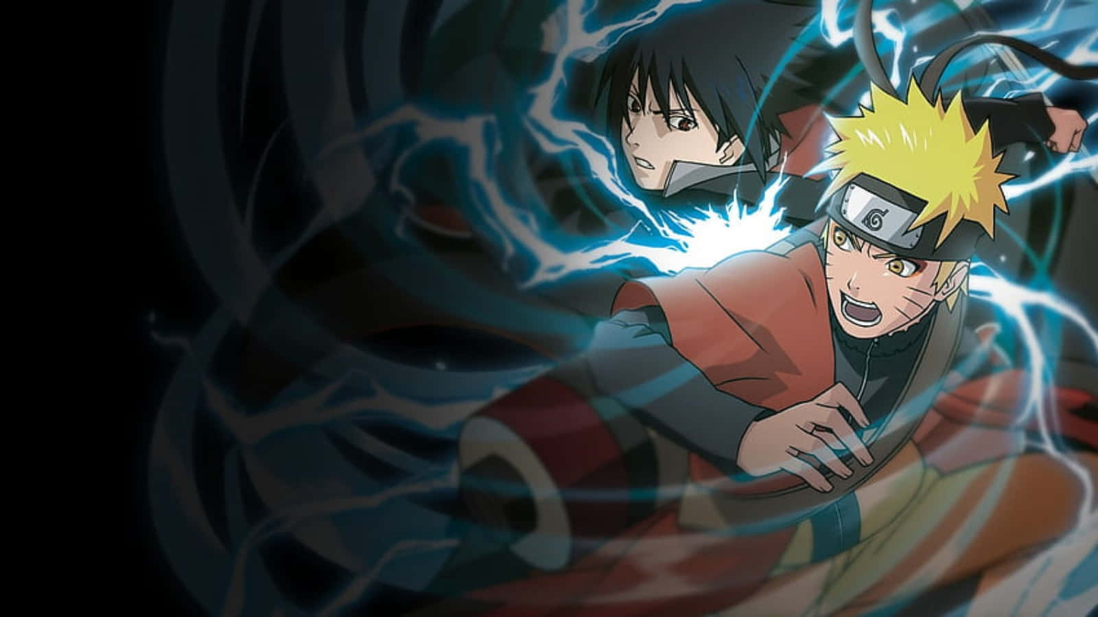 Ps4 Naruto 桌布 壁紙 — 兩個動漫戰士在黑暗背景中激烈碰撞，藍色查克拉能量劈啪作響，在他們周圍旋轉。