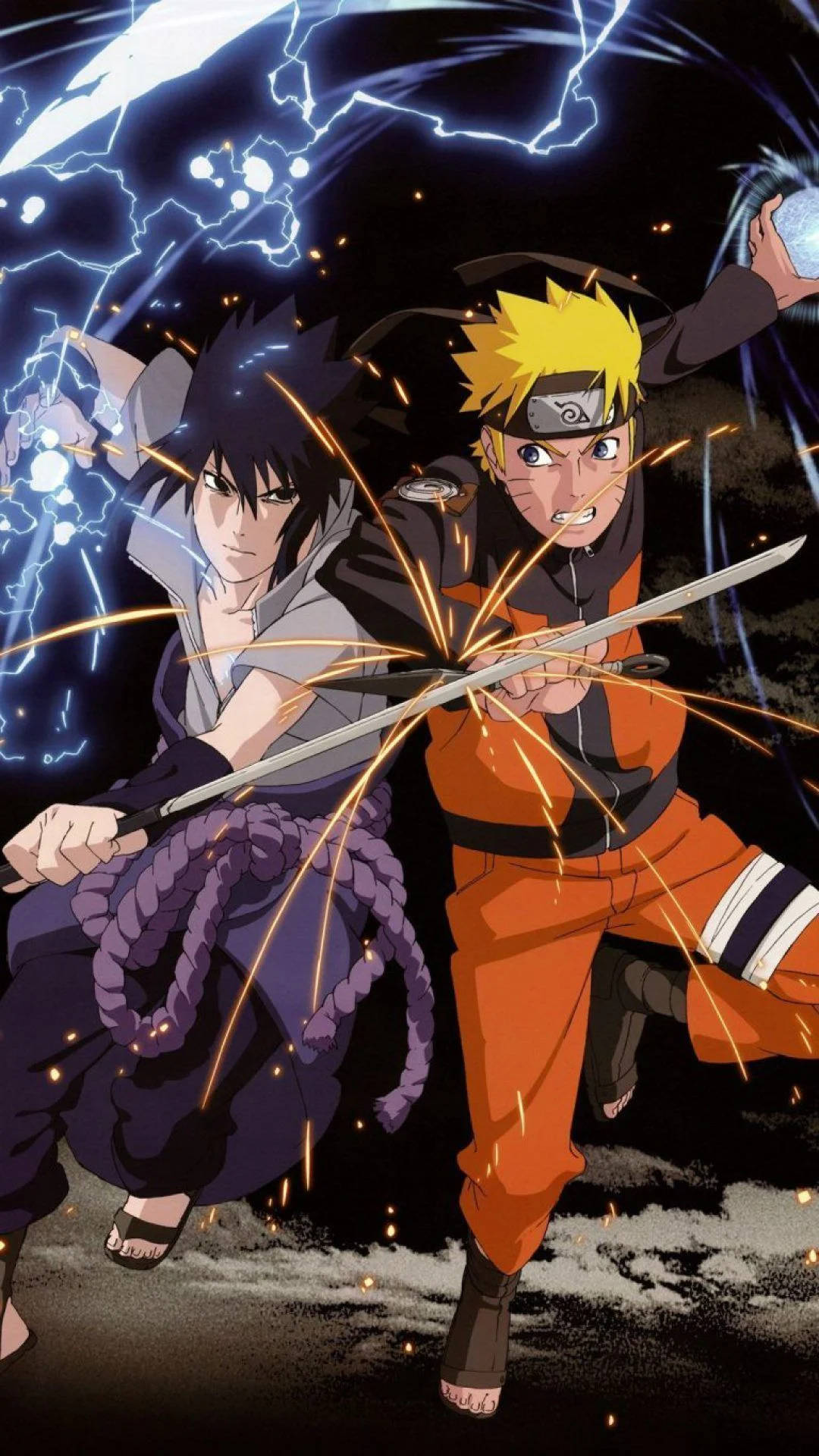 Naruto And Sasuke 桌布 壁紙 — 兩個動漫戰士在黑暗風暴背景下，伴隨著劈啪作響的閃電和飛濺的火花交鋒。