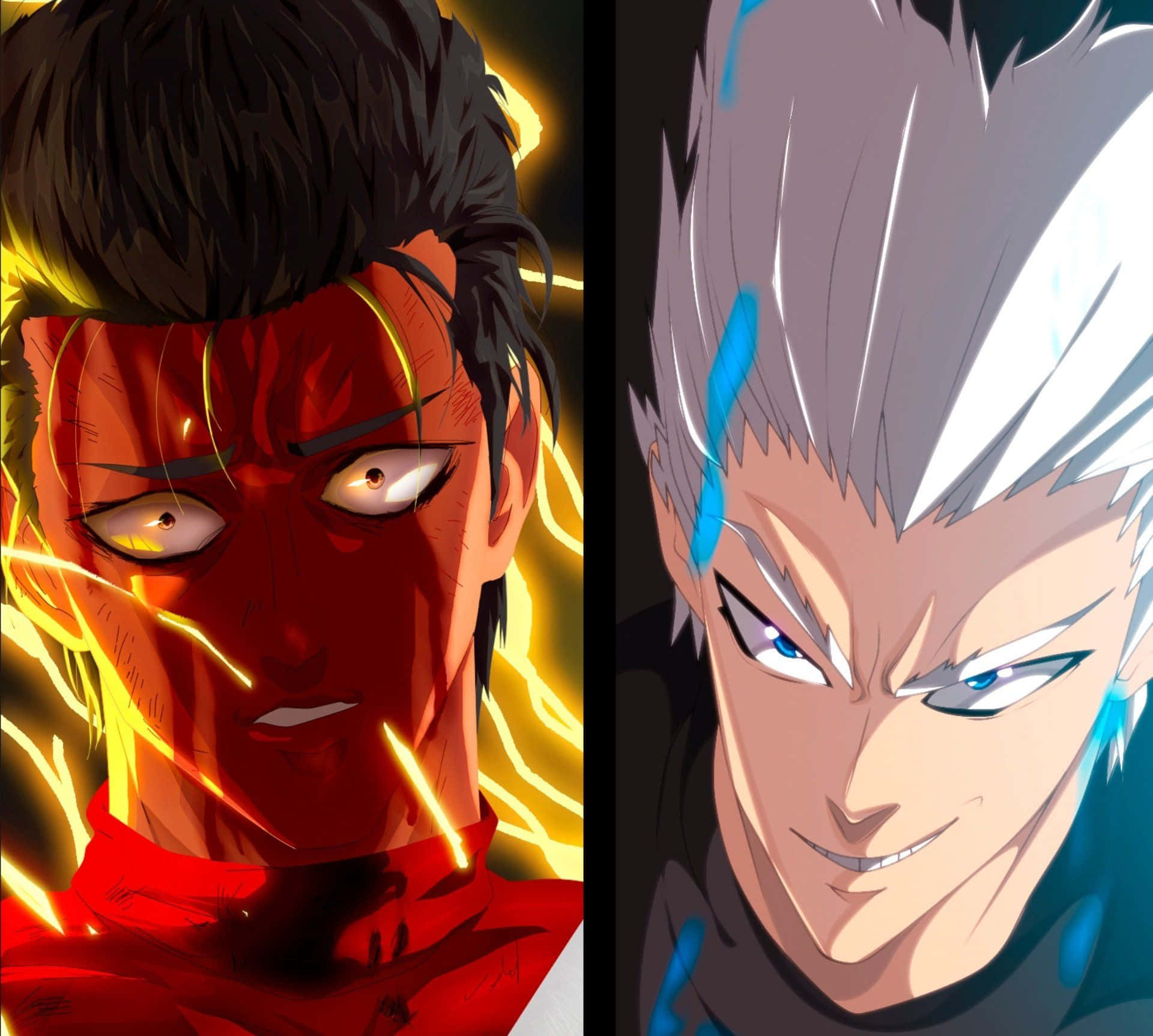 One Punch Man Season 2 桌布 壁紙 — 兩個動漫戰士對峙，一個發出紅色光芒並帶有黃色能量，另一個冰藍色銀髮，兩者都充滿強烈決心。