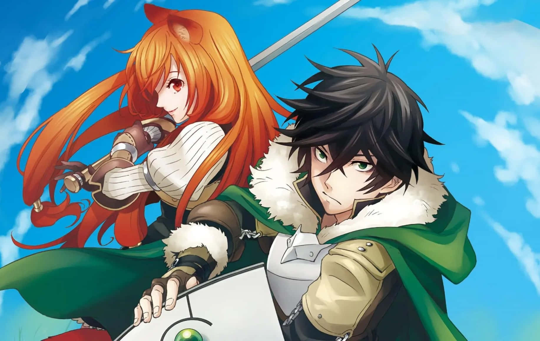 Shield Hero 桌布 壁紙 — 兩個動漫戰士手持劍，在藍天白雲下準備就緒。