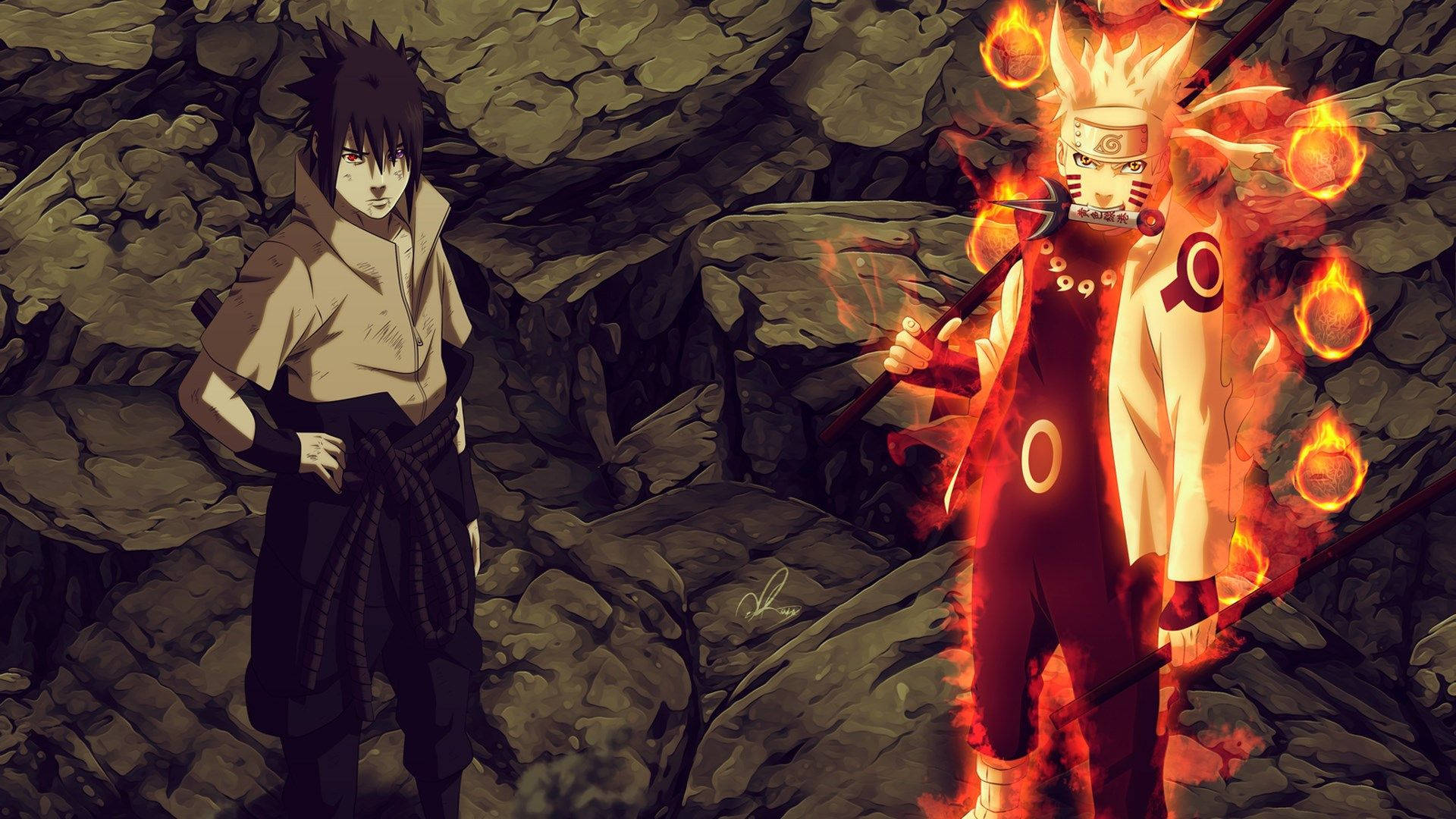 sasuke uchiha 桌布 壁紙 — 兩個動漫戰士站在一個岩石洞穴中，一個被熾熱的查克拉吞噬，另一個冷靜沉著。