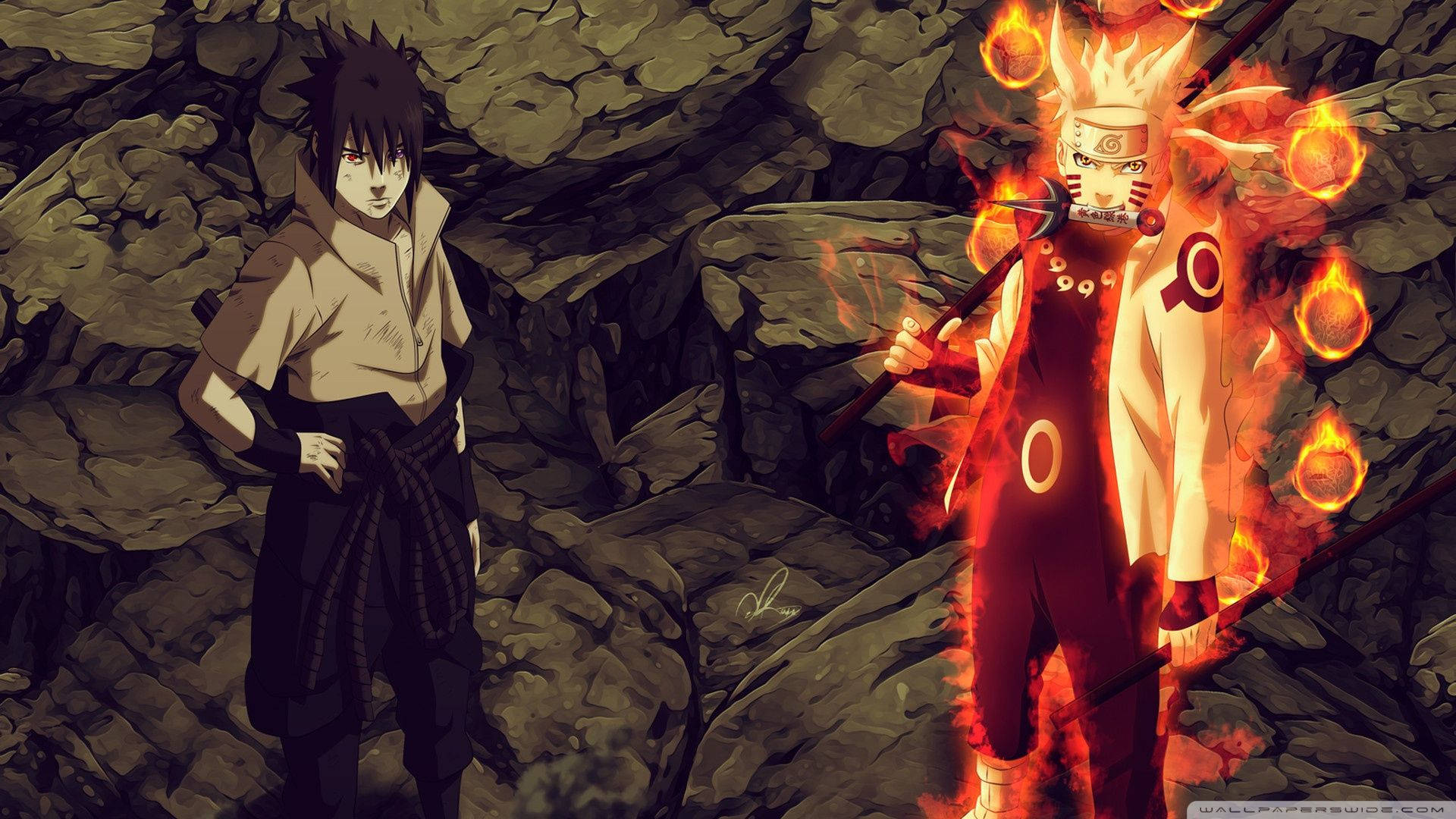 Sad Naruto 桌布 壁紙 — 兩個動漫戰士站在一個岩石洞穴中，一個被熾熱的查克拉吞噬，另一個冷靜沉著。