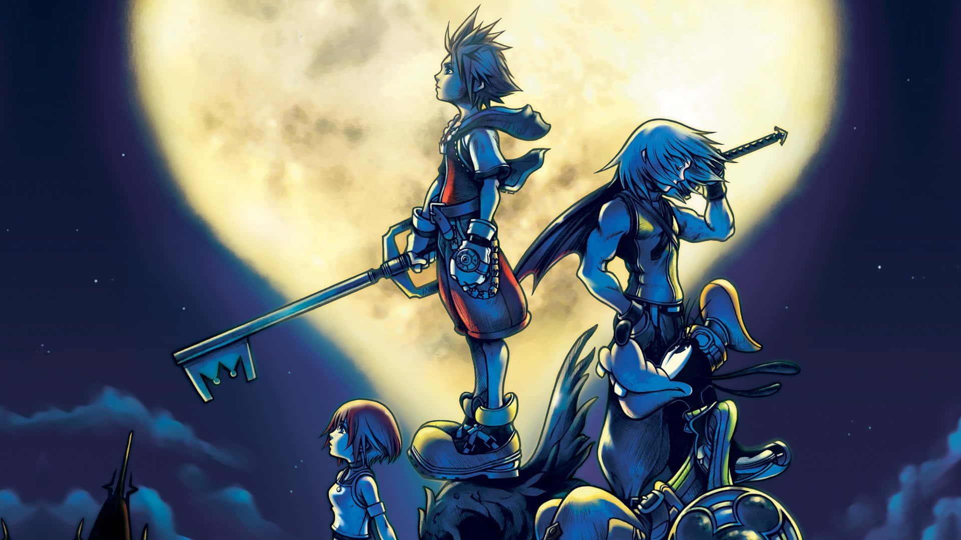 Kingdom Hearts Sora 桌布 壁紙 — 兩個動漫戰士站在一個生物上，下方有一個巨大的發光月亮和一個小孩。