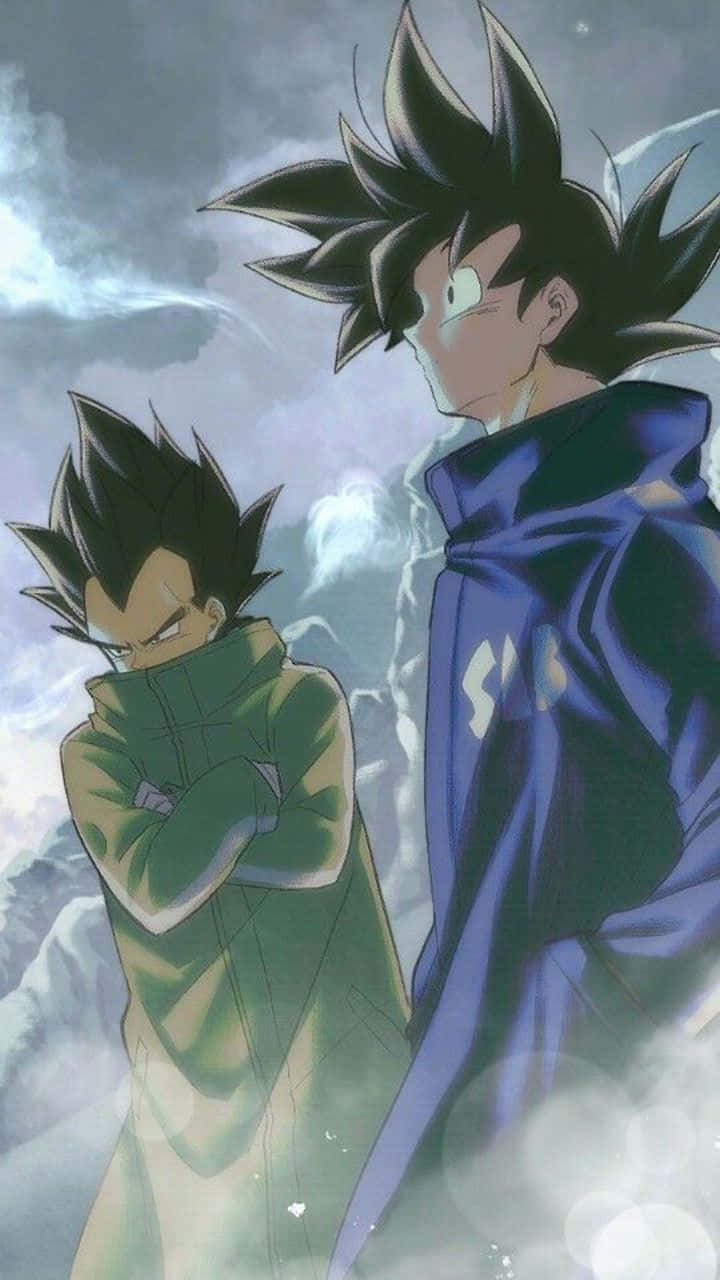 Dragon Ball Z Phone 桌布 壁紙 — 兩個動漫戰士站在霧雲中，一個身穿綠色斗篷雙臂交叉，另一個身穿藍色斗篷向前看。