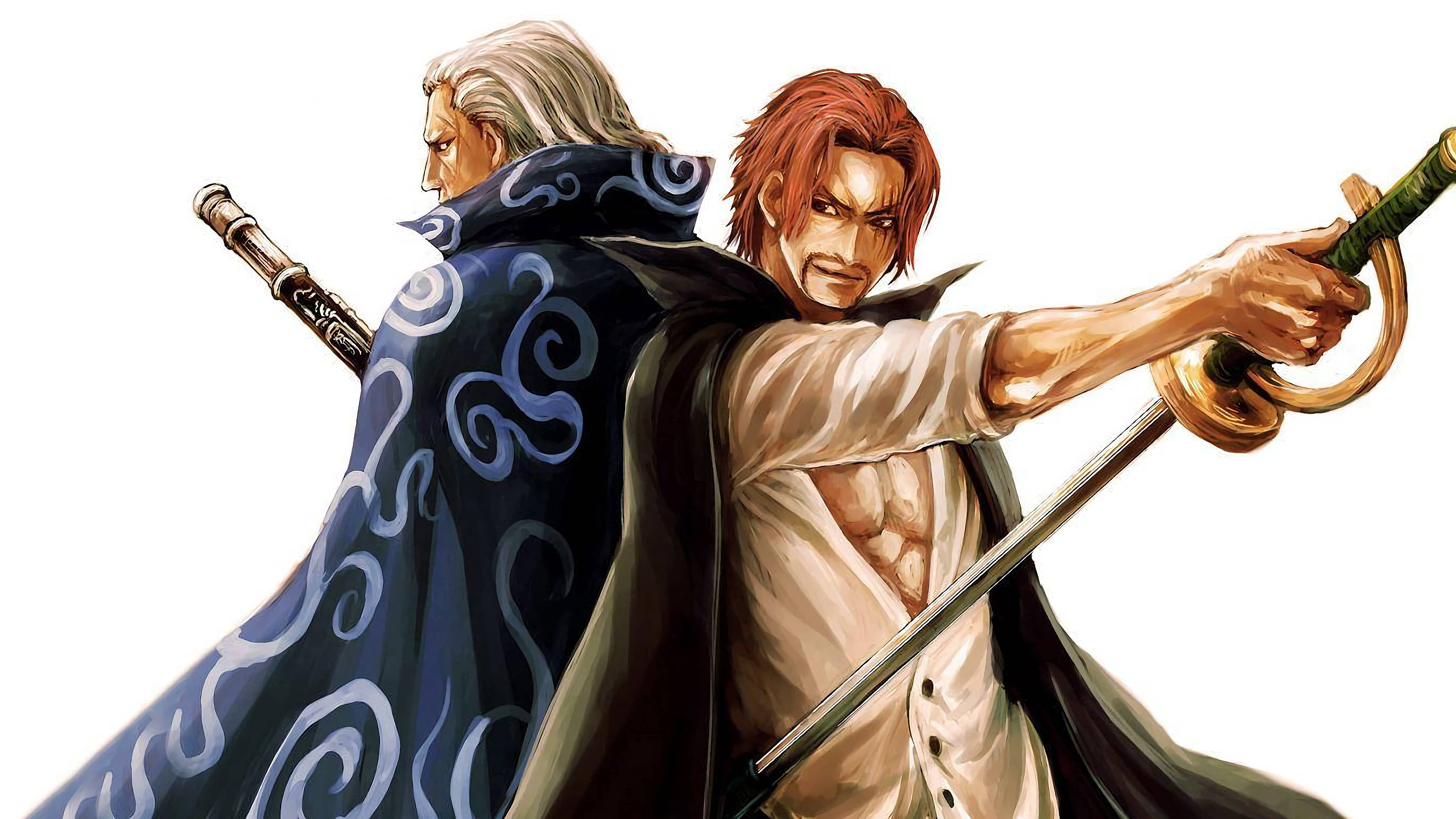 Shanks 桌布 壁紙 — 兩個動漫戰士背對背站立，一個穿著藍色漩渦斗篷，另一個紅髮揮劍。
