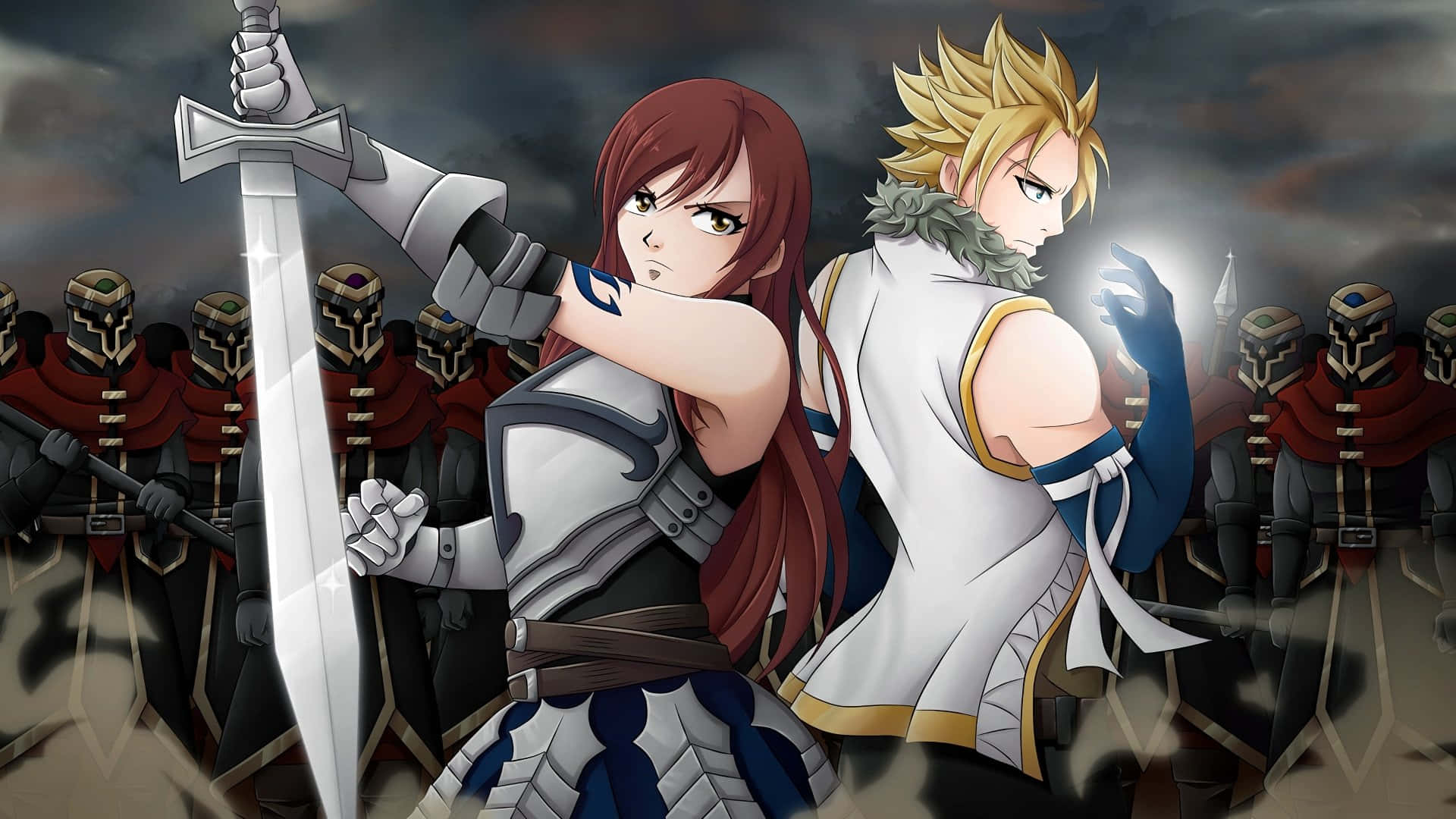 Sting Eucliffe 桌布 壁紙 — 兩個動漫戰士背靠背揮劍，對抗一支在暴風雨天空下的裝甲敵軍。