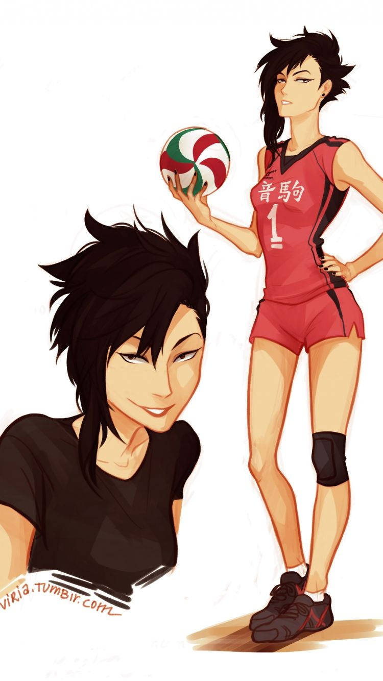 Kuroo 桌布 壁紙 — 兩個動漫排球運動員，一個穿著紅色制服拿著球站立，另一個穿著黑色襯衫微笑，背景為白色。