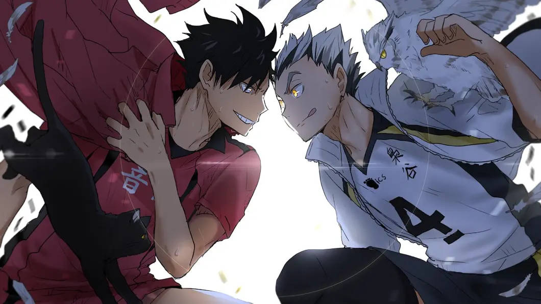tetsuro kuroo 桌布 壁紙 — 兩個動漫排球運動員在激烈的近距離戰鬥中，眼睛發光，帶有動態運動線條。