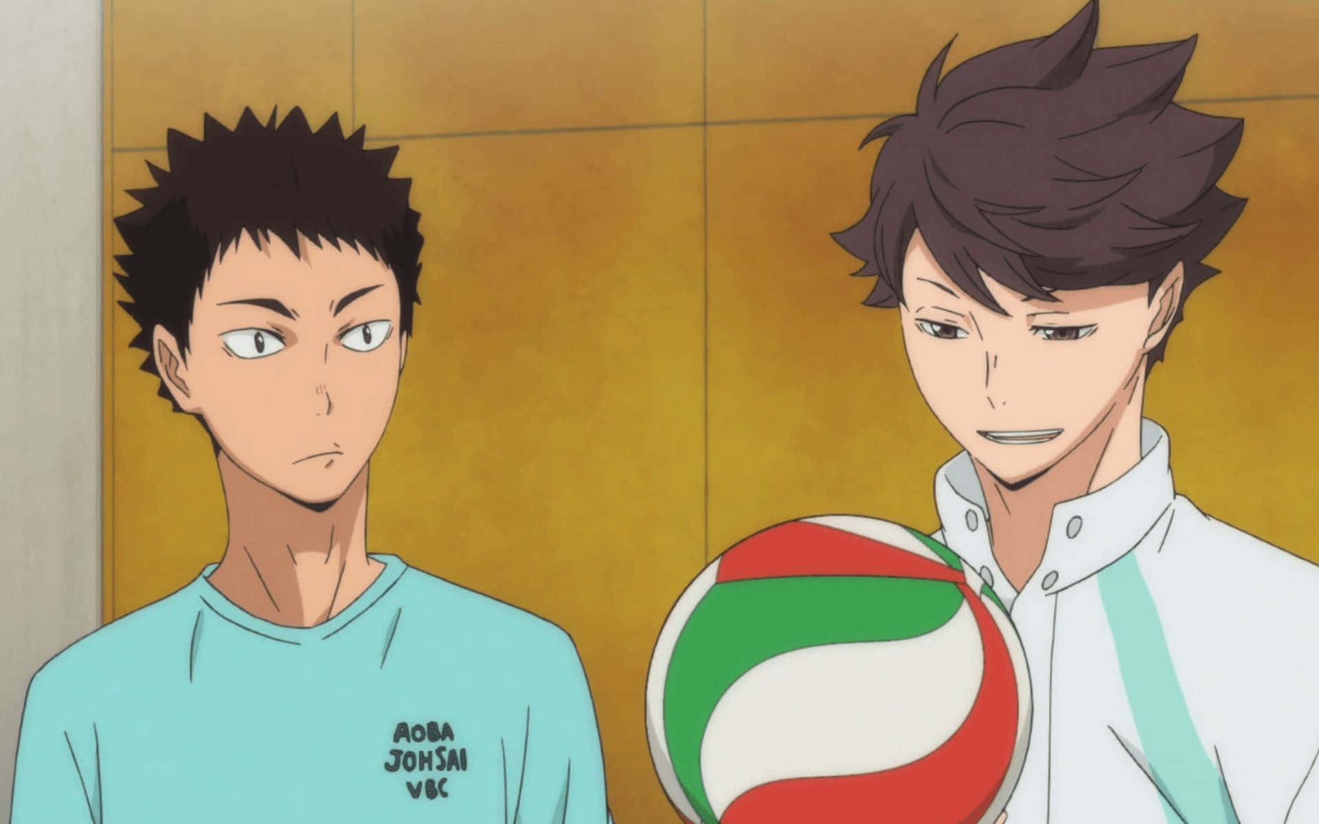 iwaizumi hajime 桌布 壁紙 — 兩個動漫排球運動員站在體育館內，其中一人手持紅、綠、白色的球，表情嚴肅。