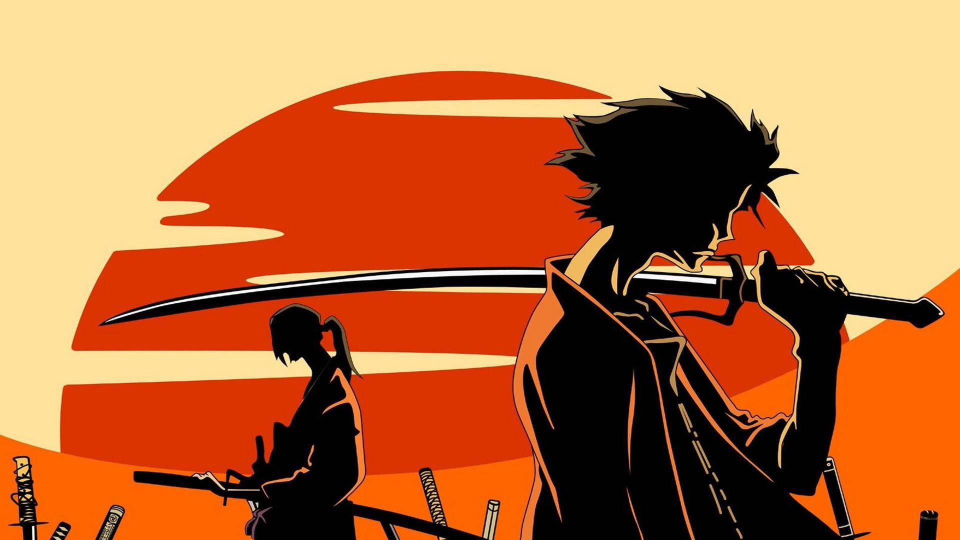 Samurai Champloo 桌布 壁紙 — 兩個動漫武士剪影站在風格化的紅日前面，拔出劍，襯著溫暖的橙色天空。
