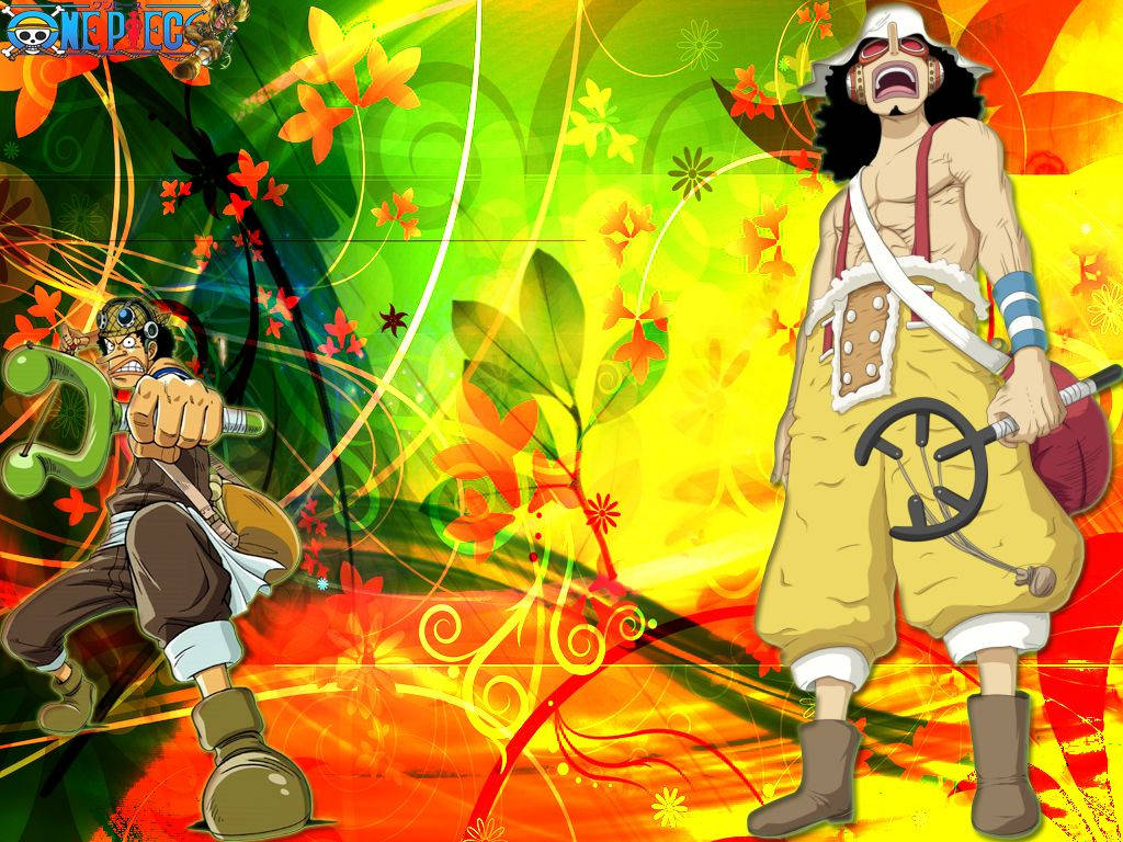 one piece usopp 桌布 壁紙 — 兩個動漫海盜在充滿活力的抽象背景中碰撞，背景是旋轉的綠色、黃色和紅色，帶有花卉圖案。