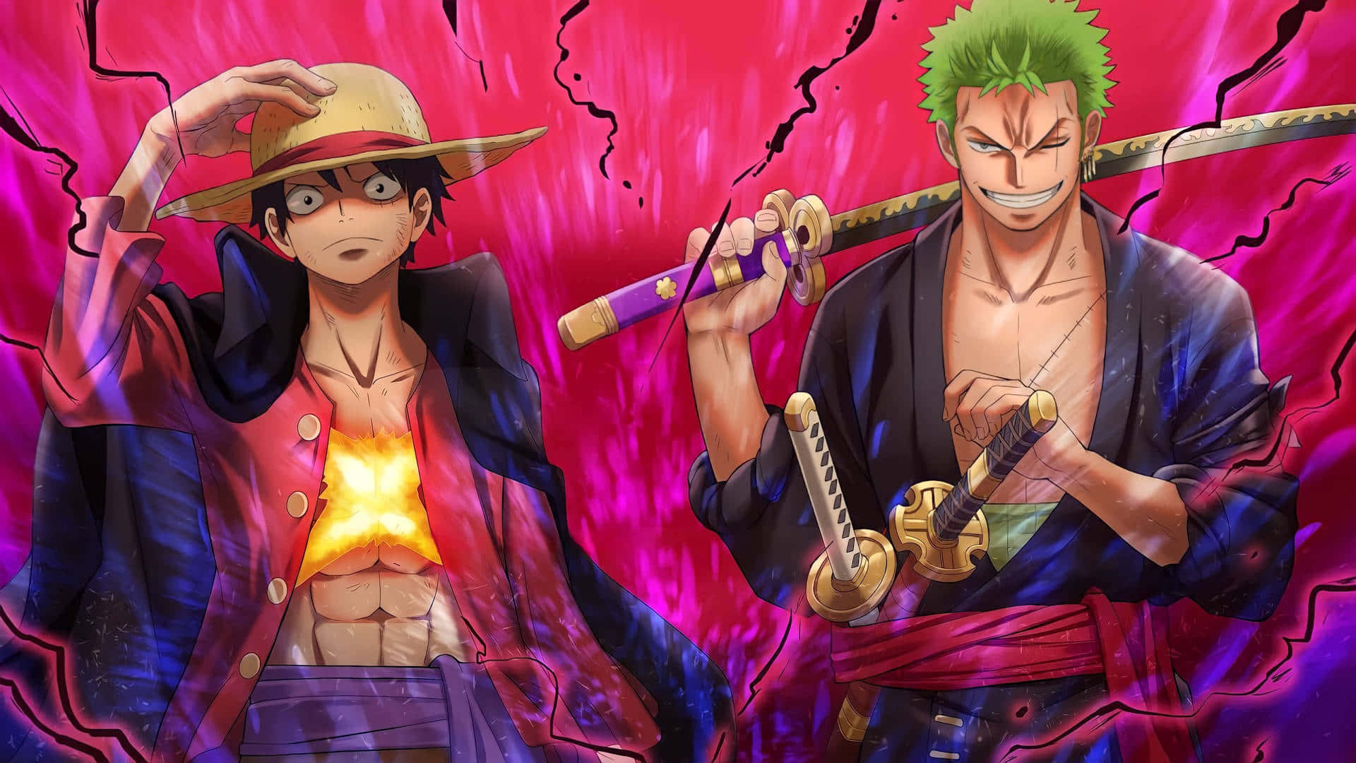 One Piece Characters 桌布 壁紙 — 兩個動漫海盜在劈啪作響的洋紅色背景前挑釁地站著，一個胸口發光，另一個揮舞著劍。
