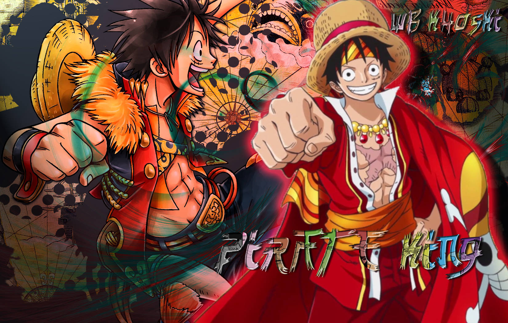 luffy 4K 桌布 壁紙 — 兩個動漫海盜在混亂的塗鴉風格背景上，以鮮豔的紅色和橙色動態碰撞。