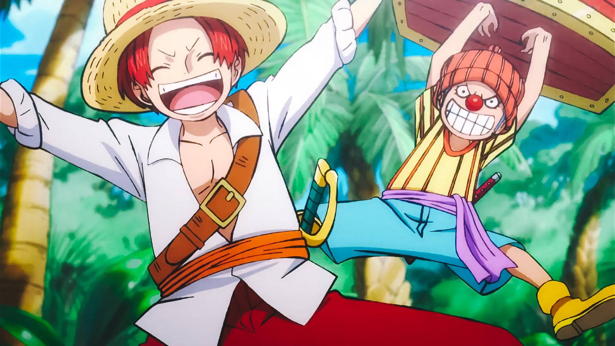 Shanks 桌布 壁紙 — 兩個動漫海盜在茂密的綠色叢林中歡笑，身後有棕櫚樹。