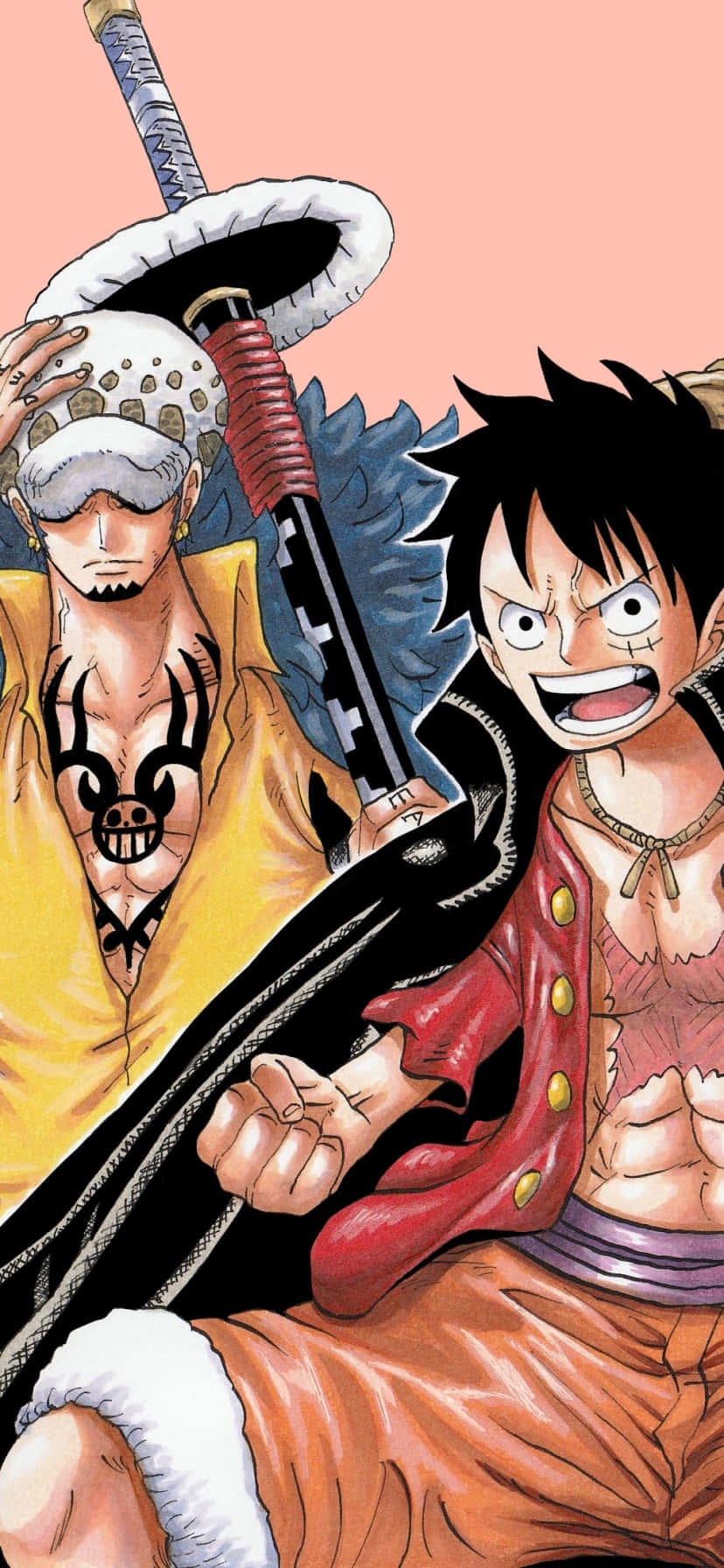 One Piece Trafalgar Law 桌布 壁紙 — 兩個動漫海盜手持劍，在柔和的粉紅色背景上兇狠地咧嘴笑。