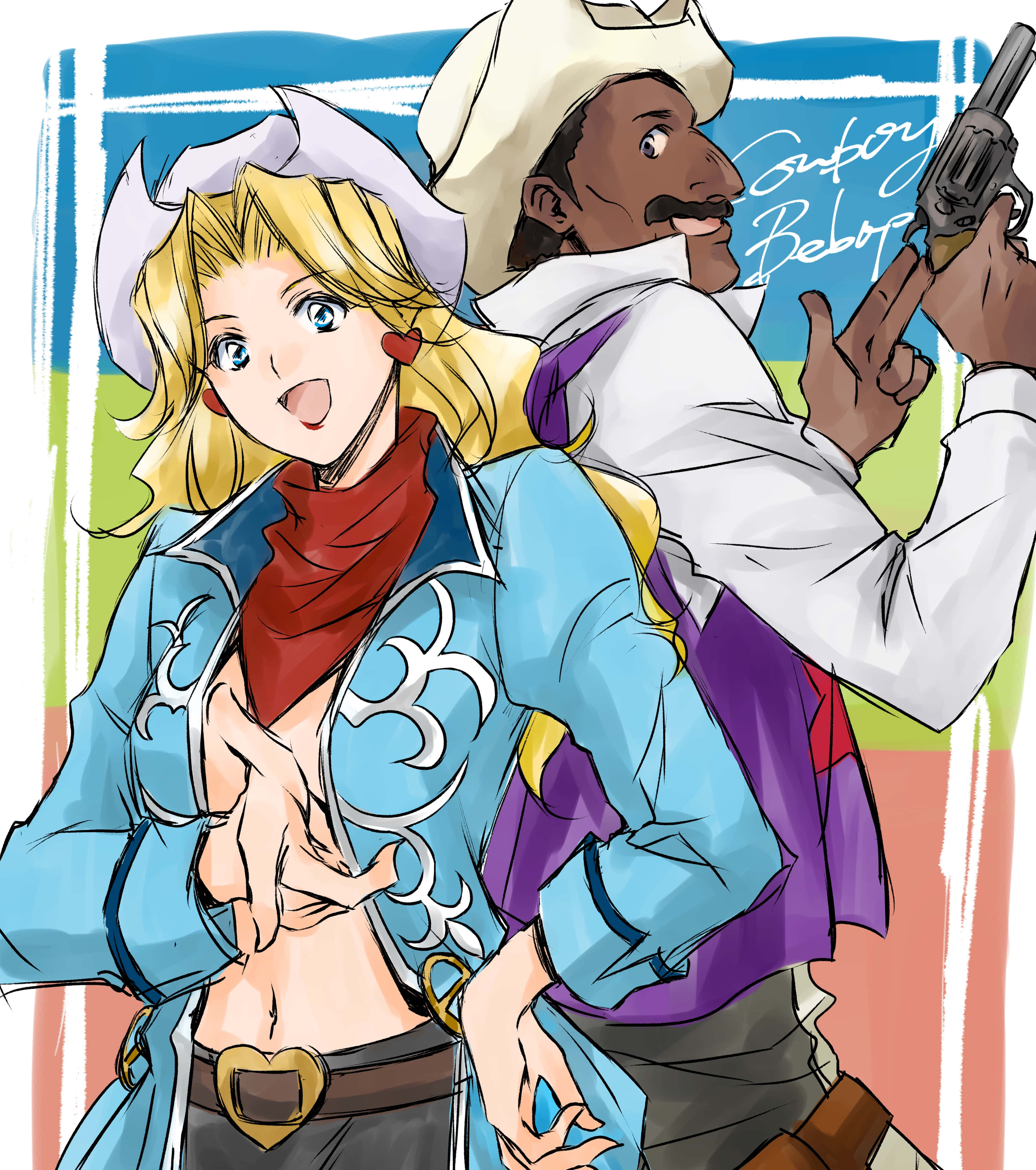 Cowboy Bebop Judy 桌布 壁紙 — 兩個動漫牛仔：一個金髮女子穿著藍色外套和紅色圍巾，另一個深色皮膚的男子戴著白色帽子拿著左輪手槍，背後有「Cowboy Bebop」文字。