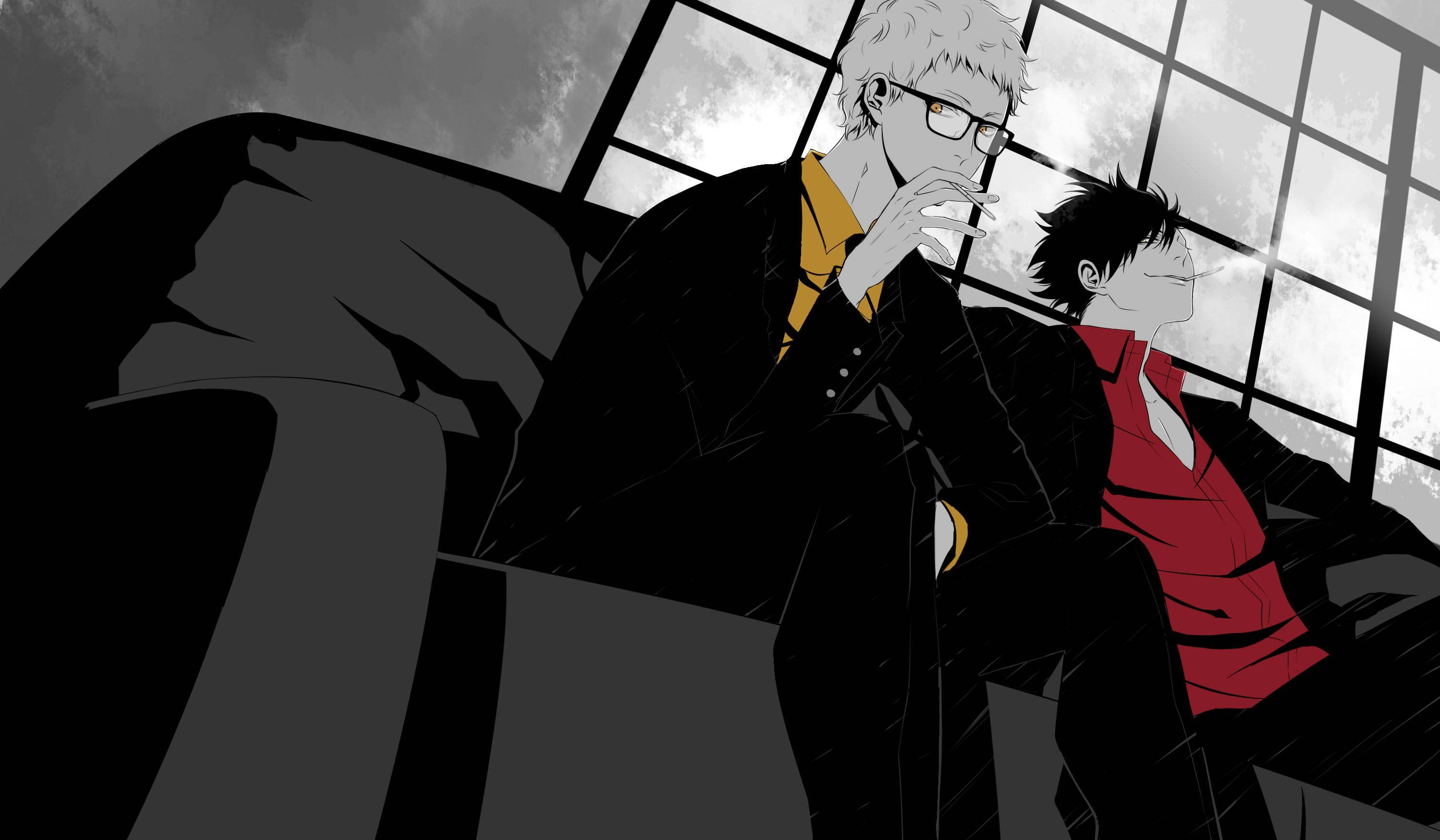 Kuroo 桌布 壁紙 — 兩個動漫男人坐在一張深色沙發上，一個抽煙，另一個穿著紅色襯衫在大窗戶下向後靠。